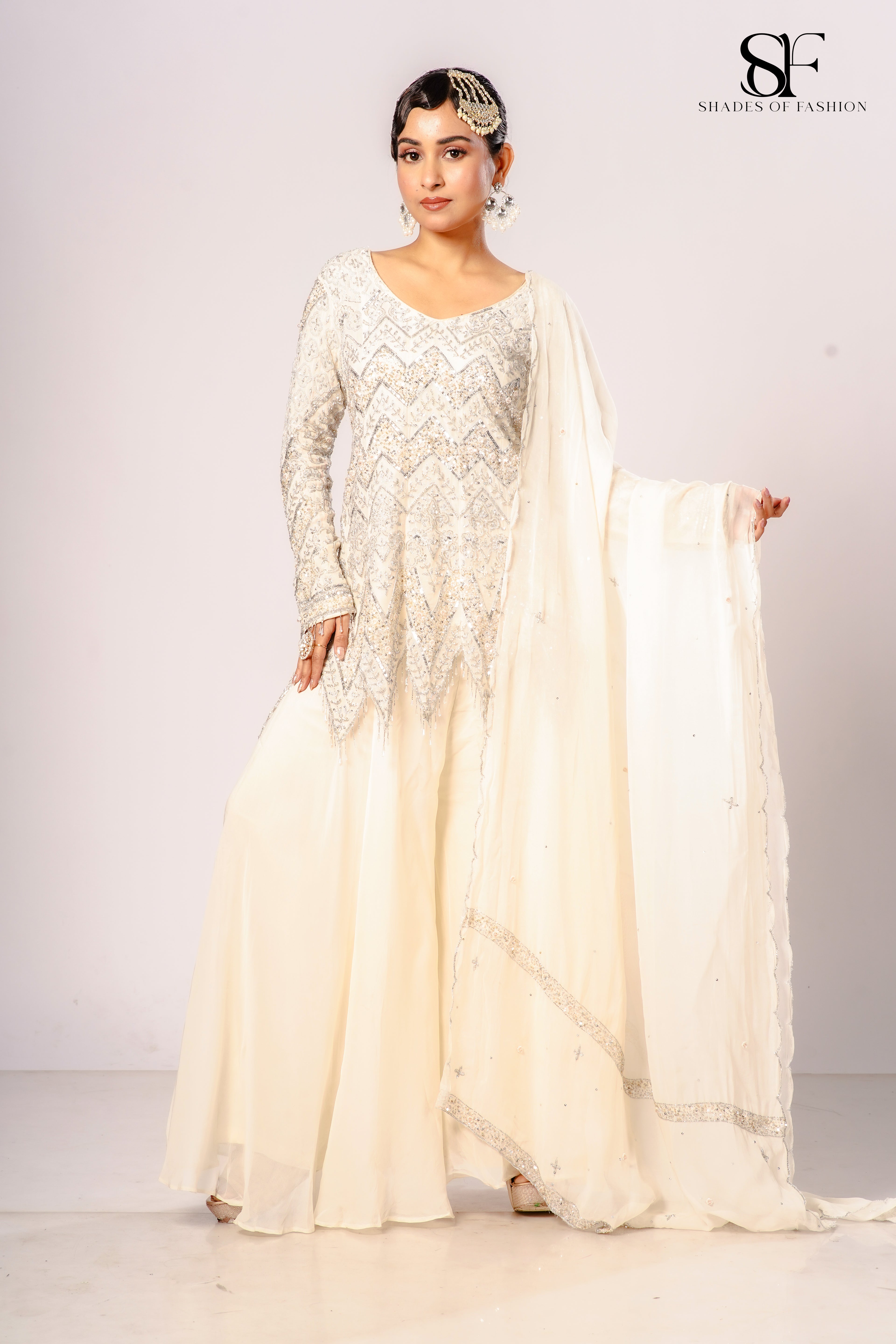 Ivory Pure Organza Sharara Set - Kali Peplum with Full Hand Embroidery