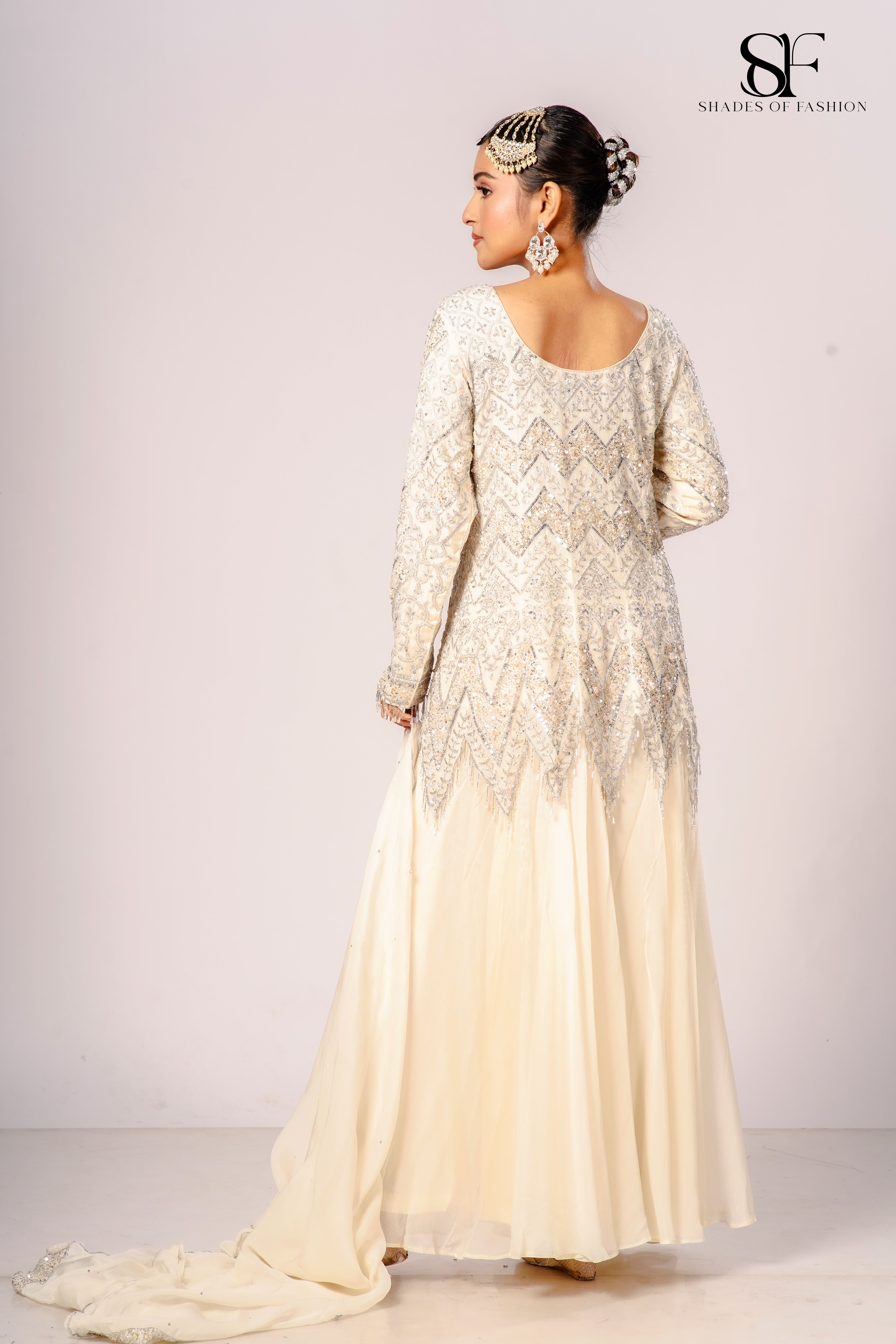 Ivory Pure Organza Sharara Set - Kali Peplum with Full Hand Embroidery