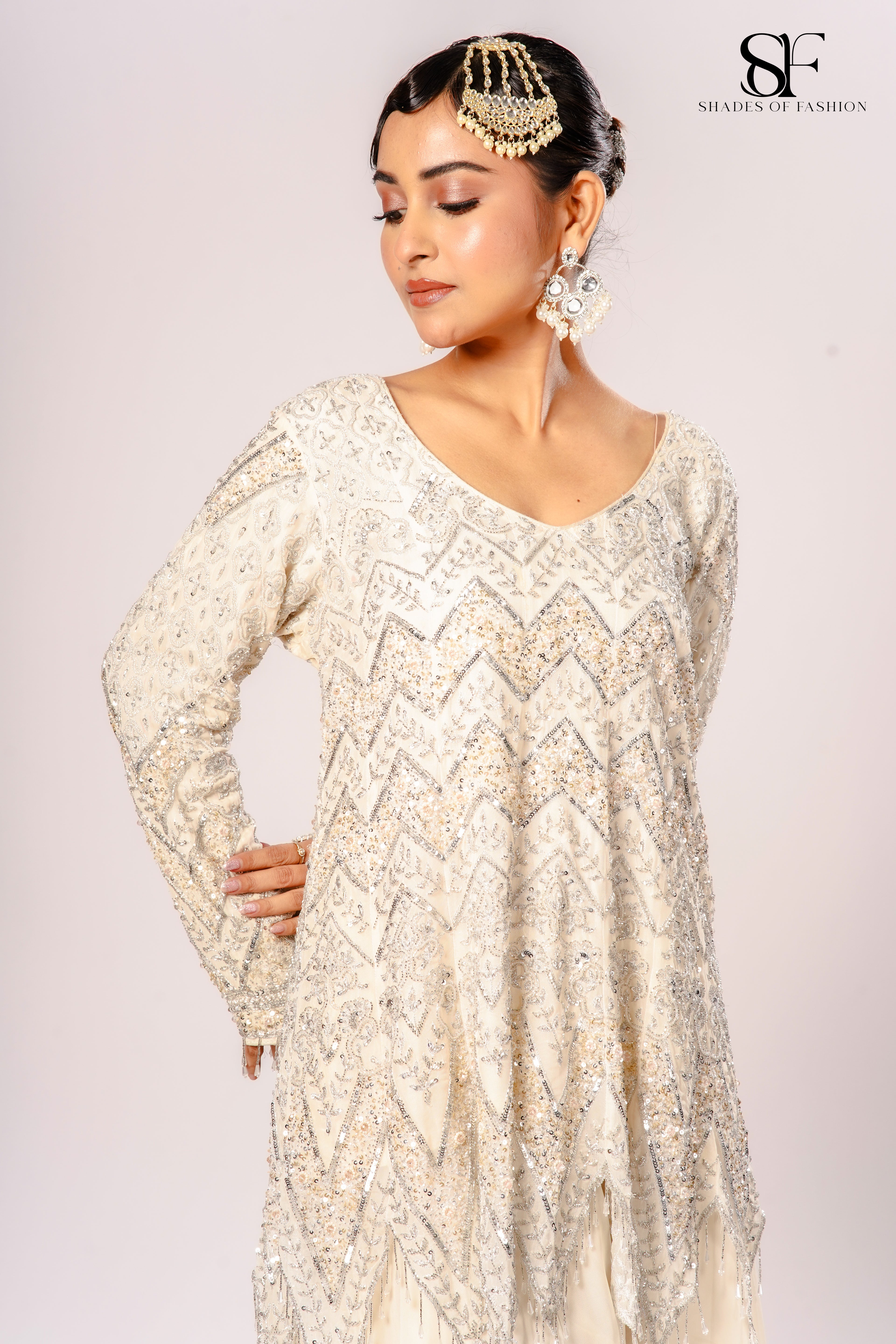 Ivory Pure Organza Sharara Set - Kali Peplum with Full Hand Embroidery