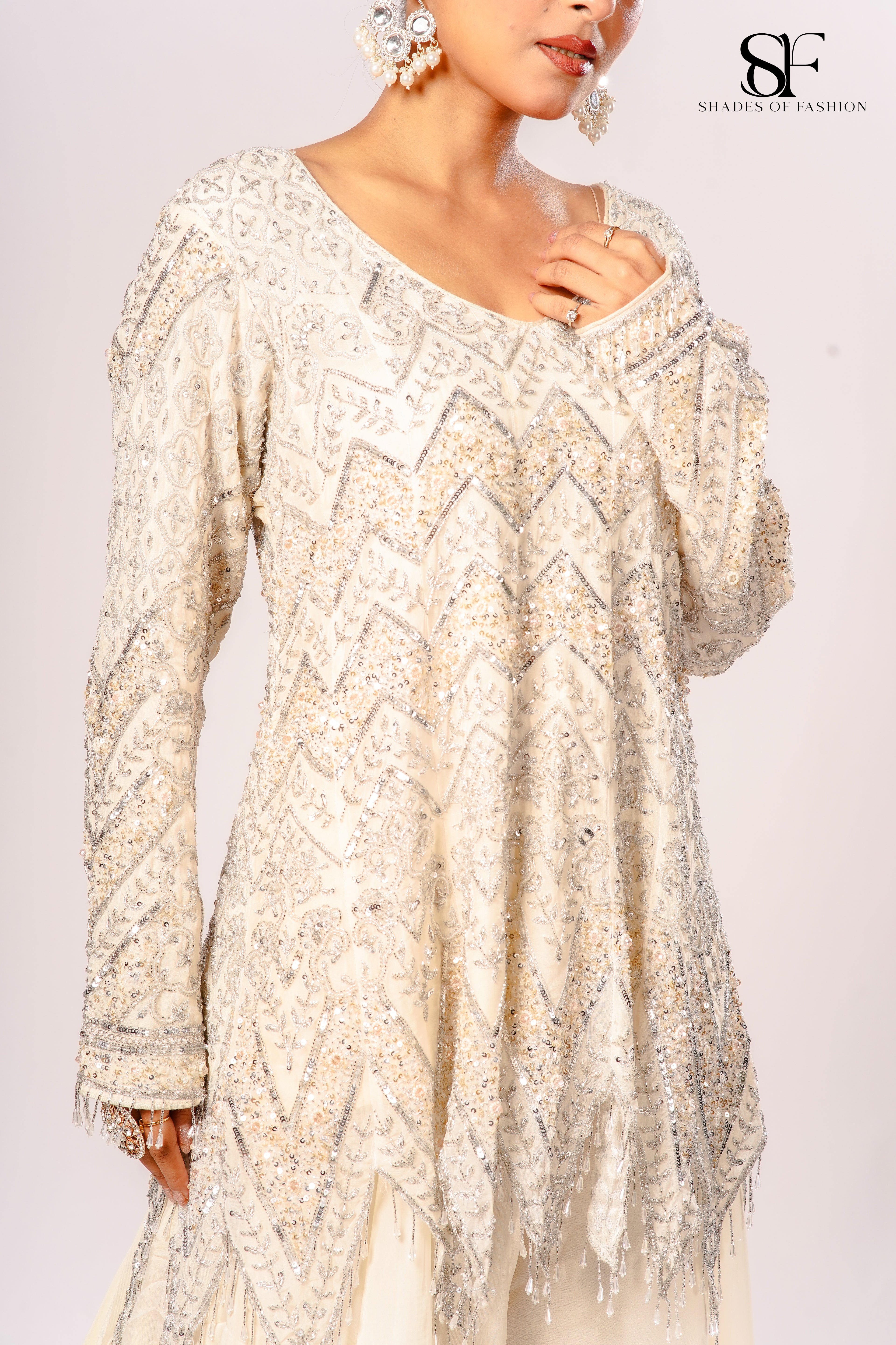 Ivory Pure Organza Sharara Set - Kali Peplum with Full Hand Embroidery