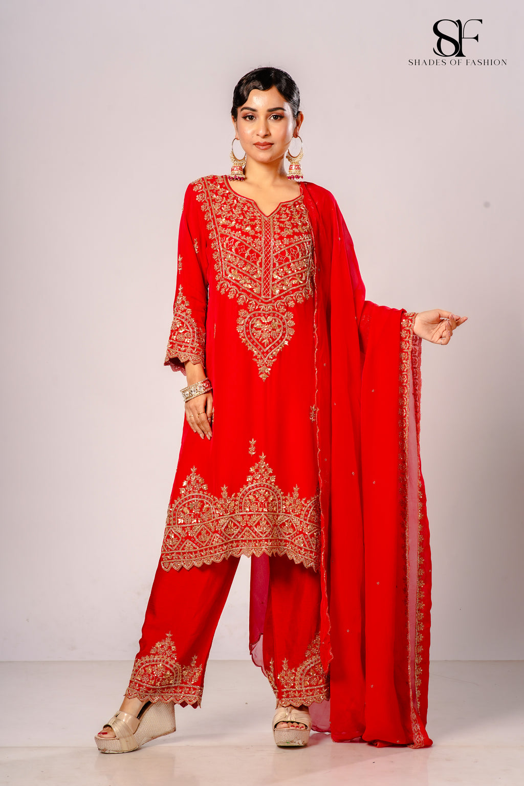 Red Viscose Organza Pant Set - Full Hand Embroidery