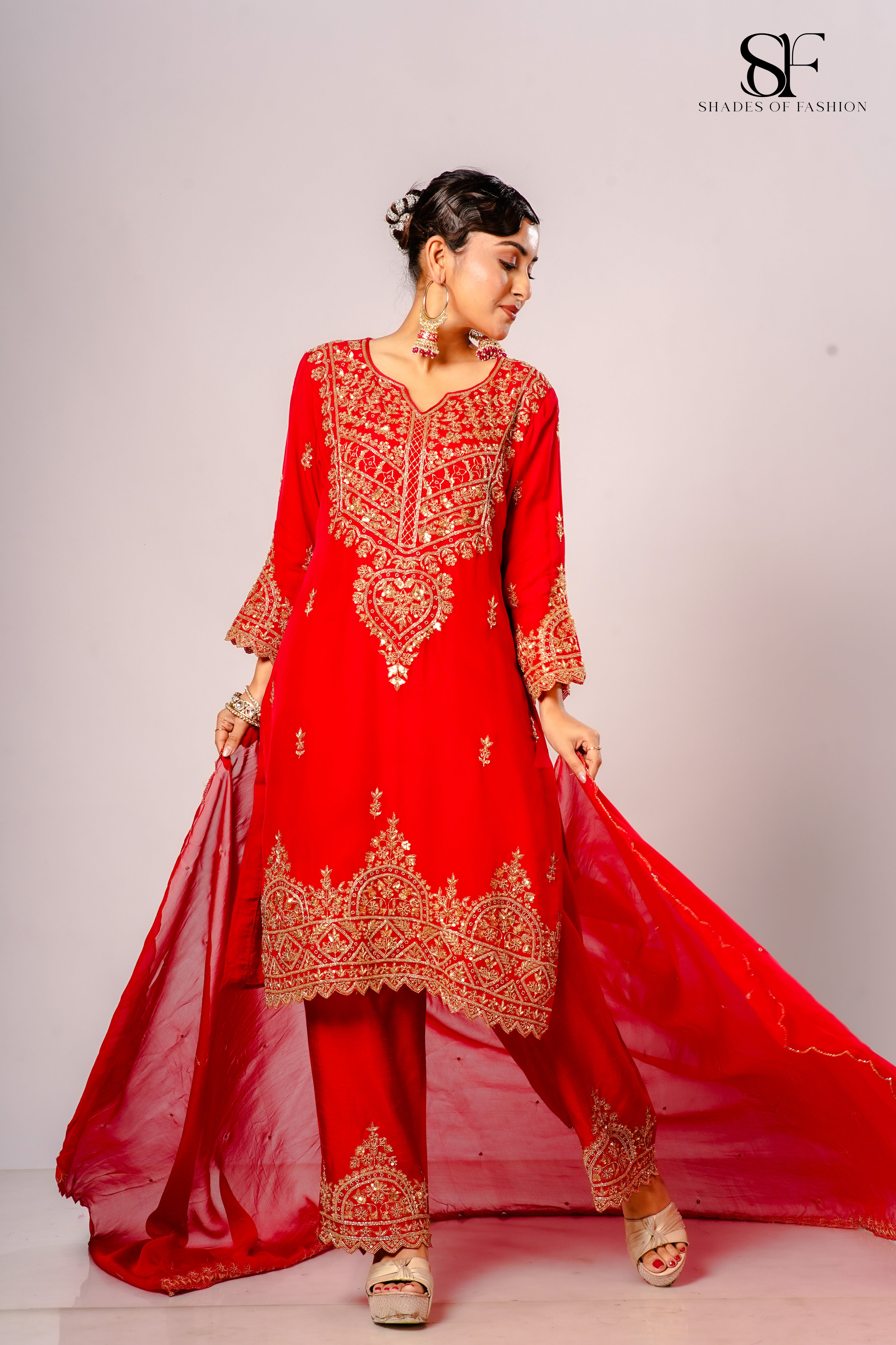 Red Viscose Organza Pant Set - Full Hand Embroidery