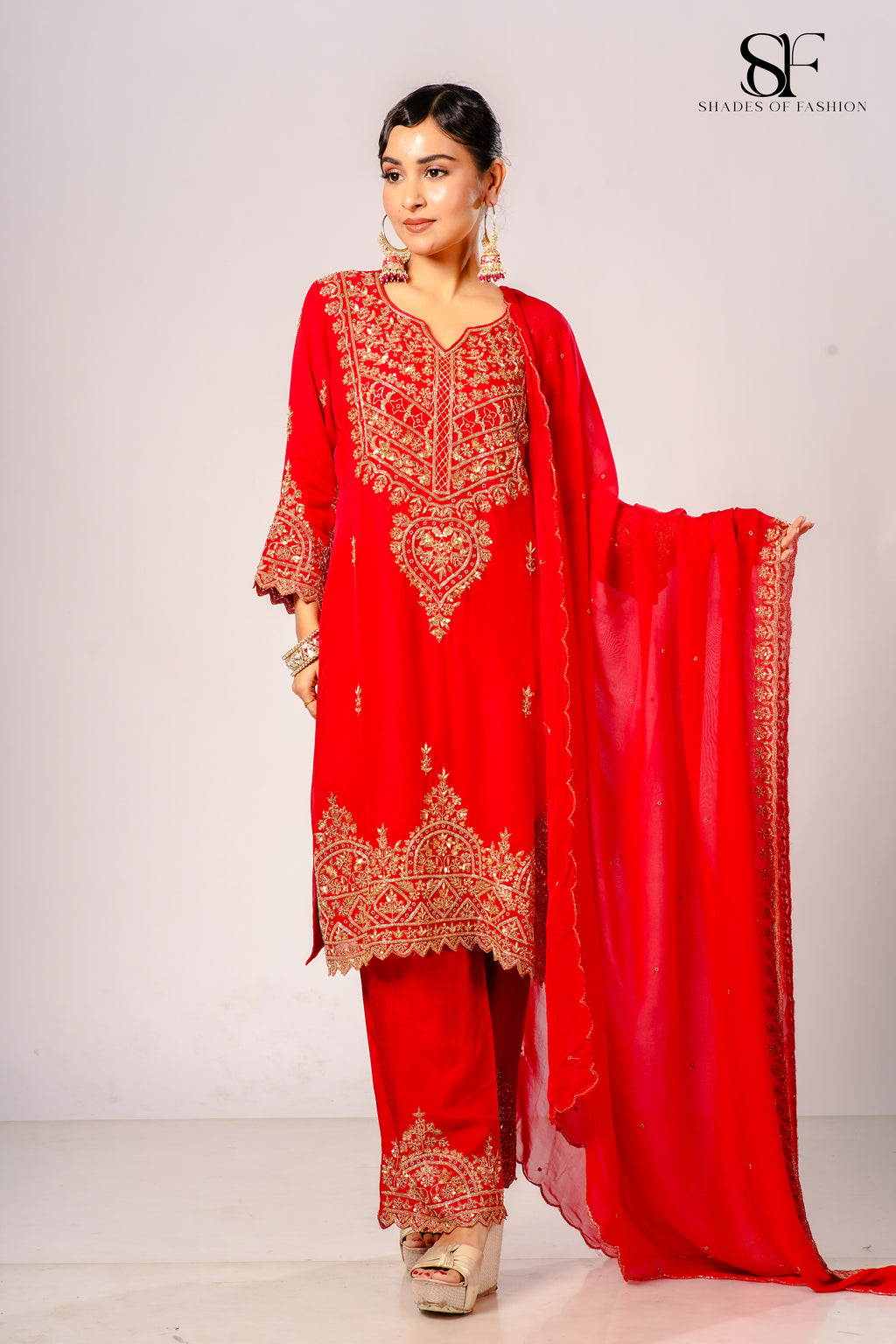 Red Viscose Organza Pant Set - Full Hand Embroidery