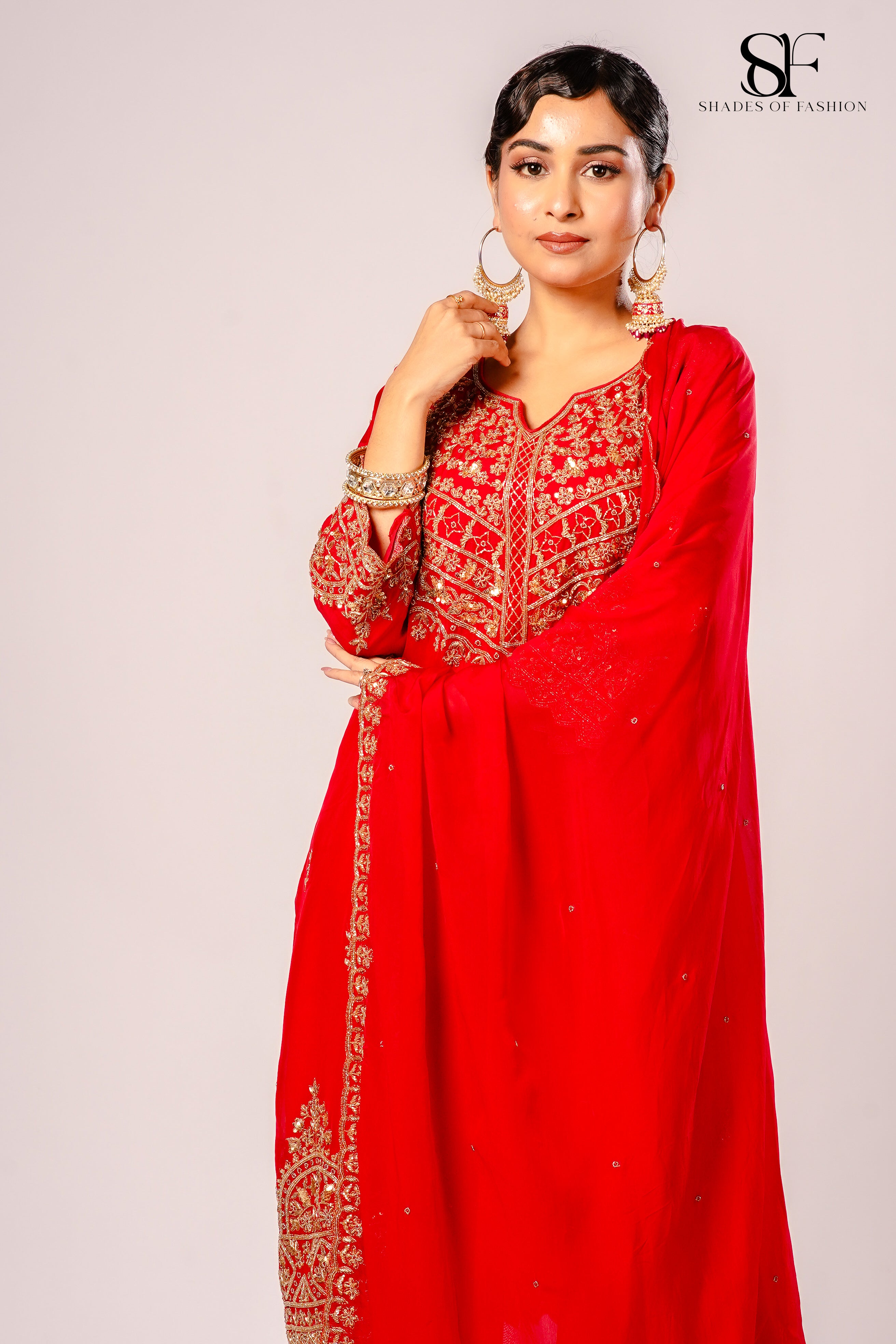 Red Viscose Organza Pant Set - Full Hand Embroidery