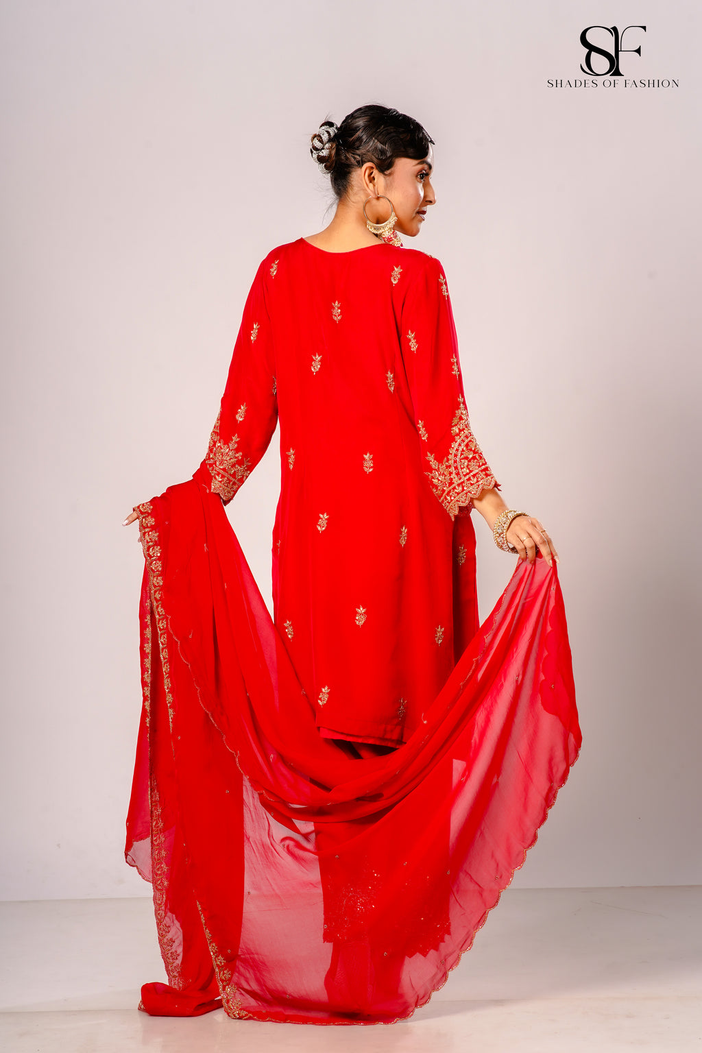 Red Viscose Organza Pant Set - Full Hand Embroidery