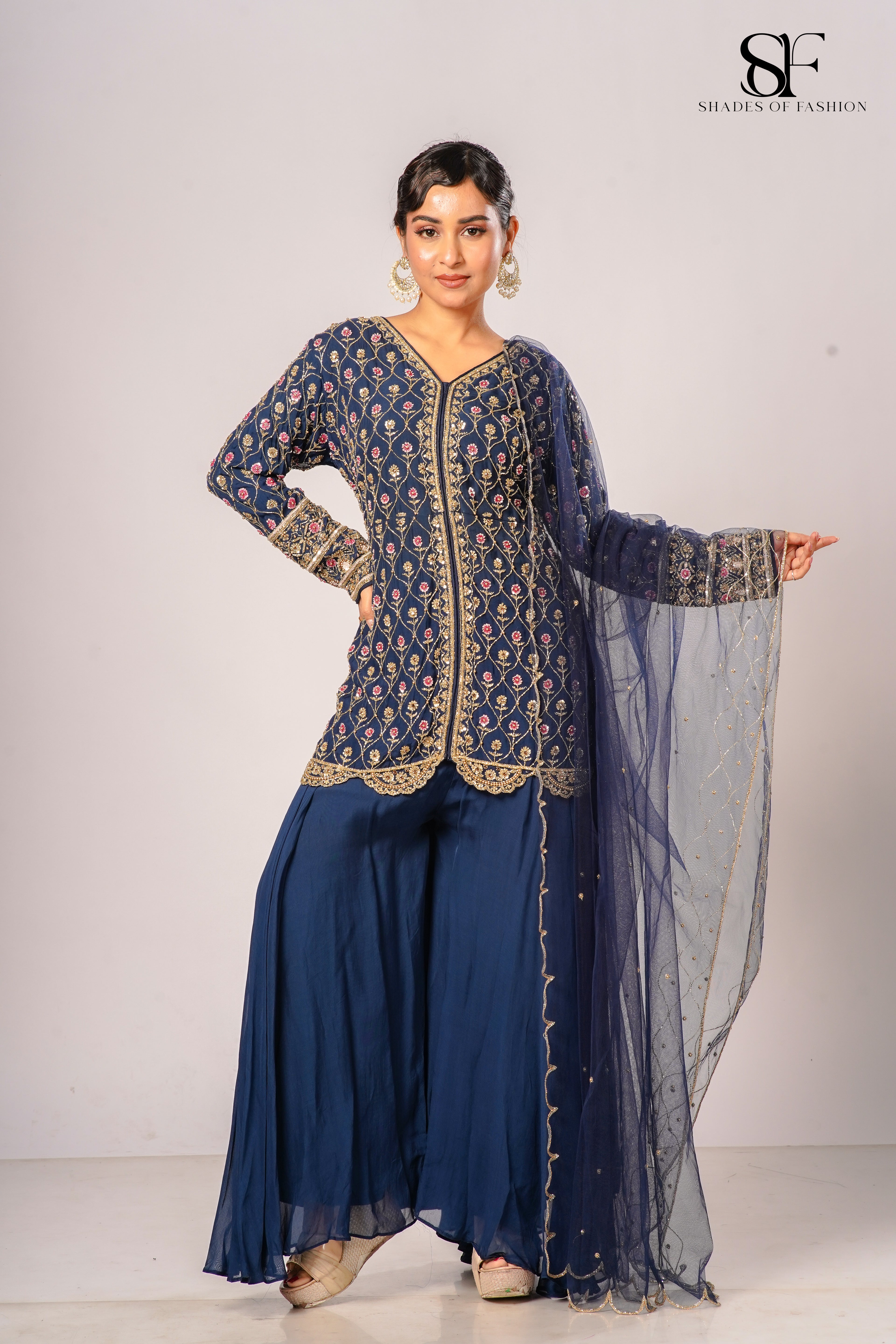 Navy Blue Viscose Organza Sharara Set - Full Hand Embroidery