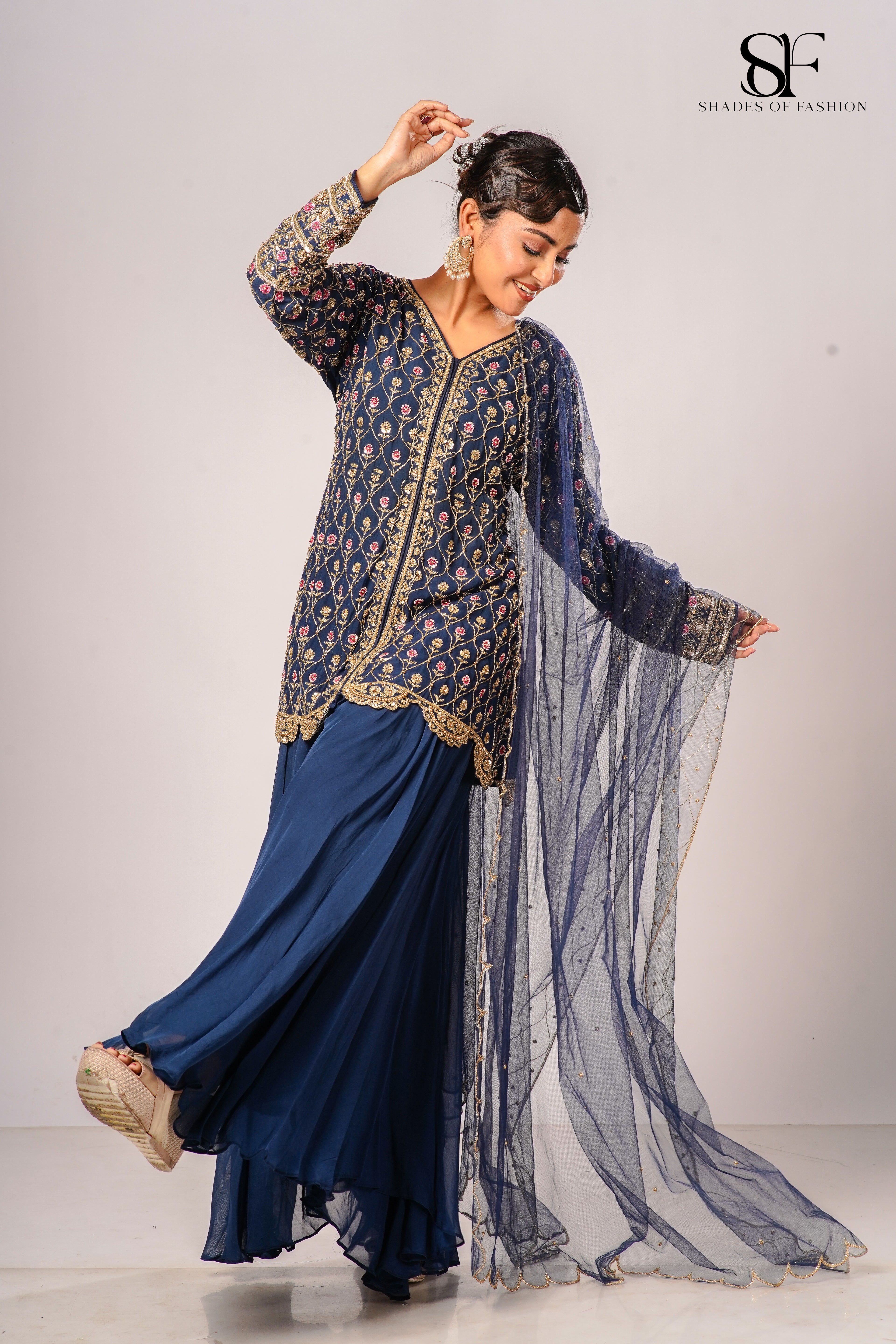 Navy Blue Viscose Organza Sharara Set - Full Hand Embroidery