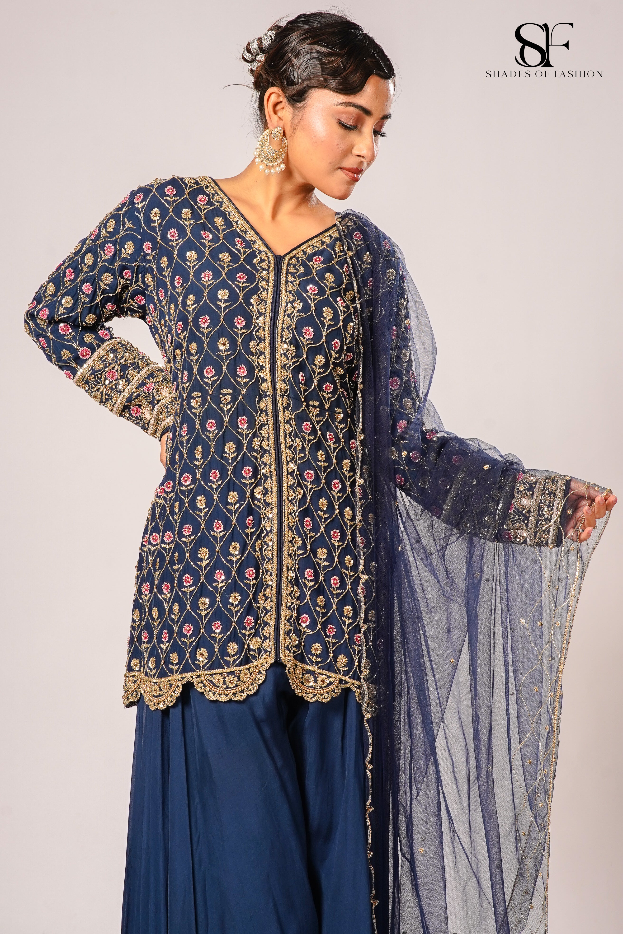 Navy Blue Viscose Organza Sharara Set - Full Hand Embroidery