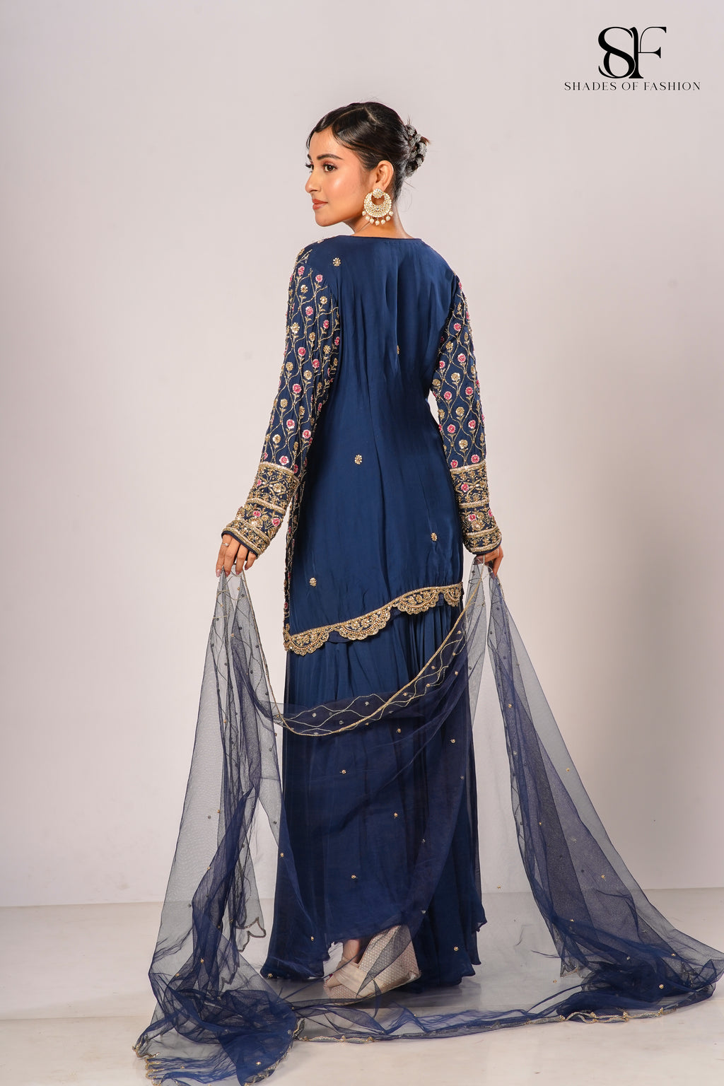 Navy Blue Viscose Organza Sharara Set - Full Hand Embroidery