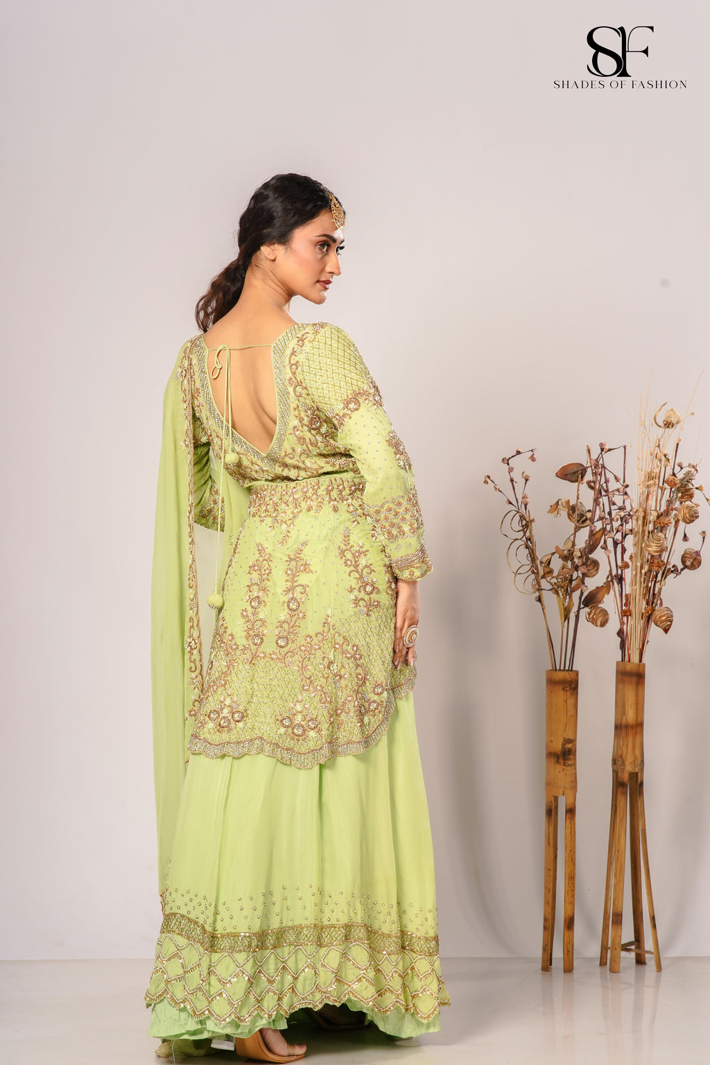 Pista Green Pure Organza Fishtail York Cut Set - Dapka & Zardozi Handwork