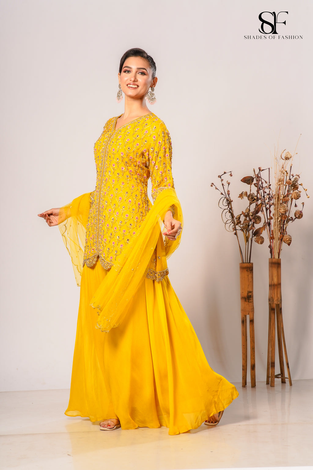 Yellow Viscose Organza Sharara Set - Full Hand Embroidery