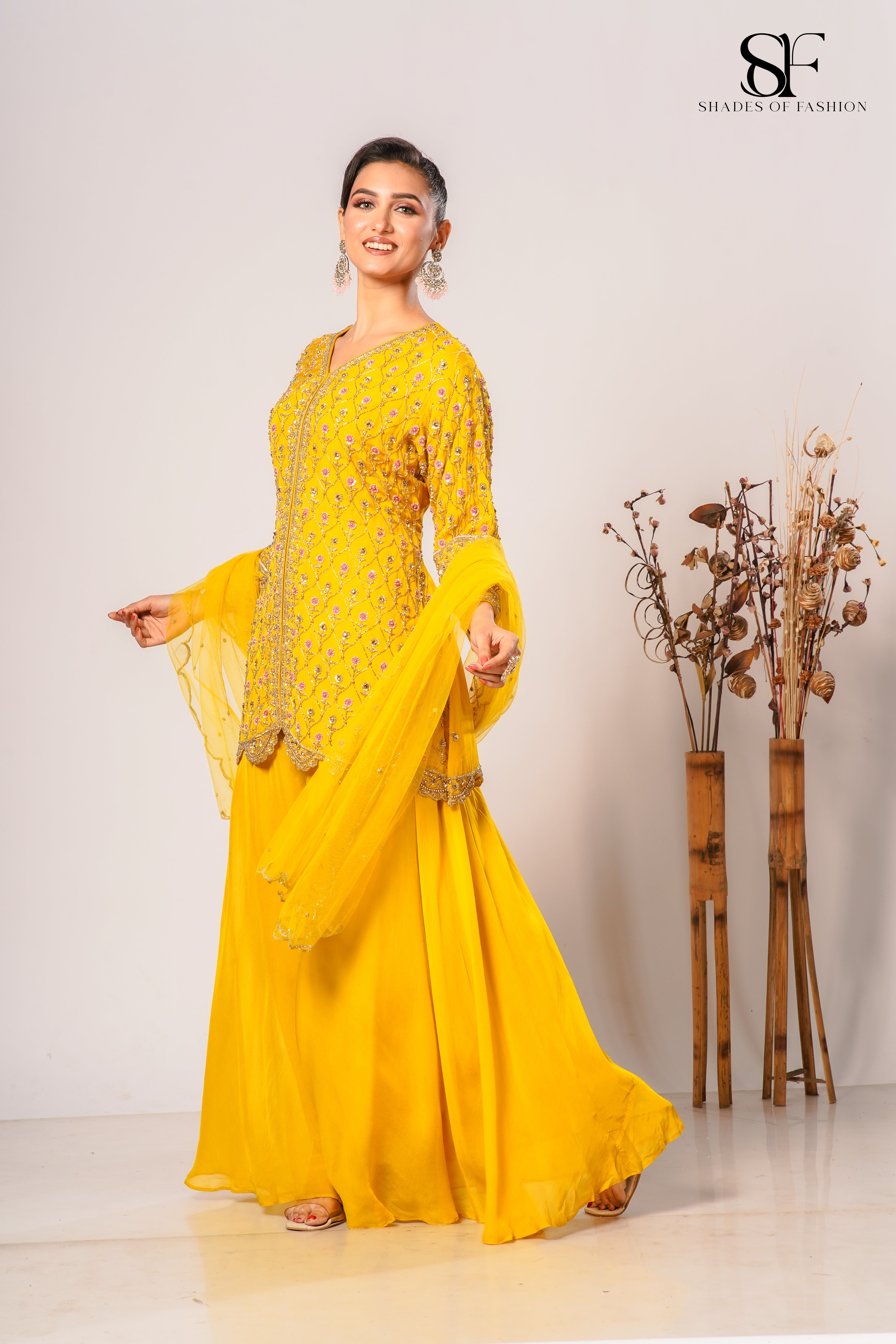 Yellow Viscose Organza Sharara Set - Full Hand Embroidery