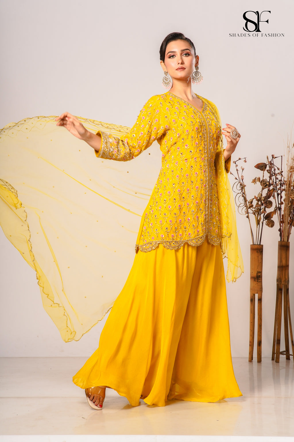 Yellow Viscose Organza Sharara Set - Full Hand Embroidery