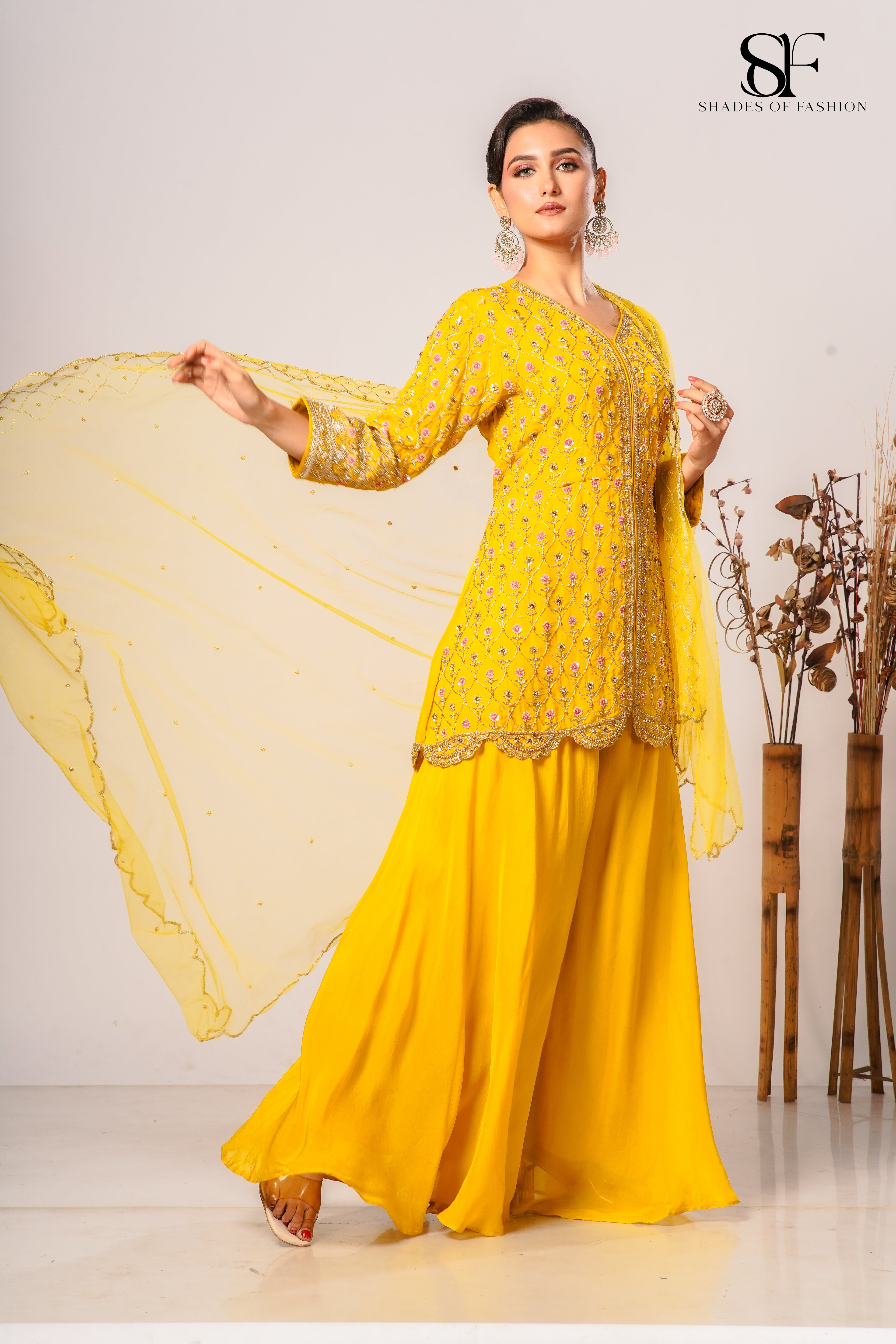 Yellow Viscose Organza Sharara Set - Full Hand Embroidery