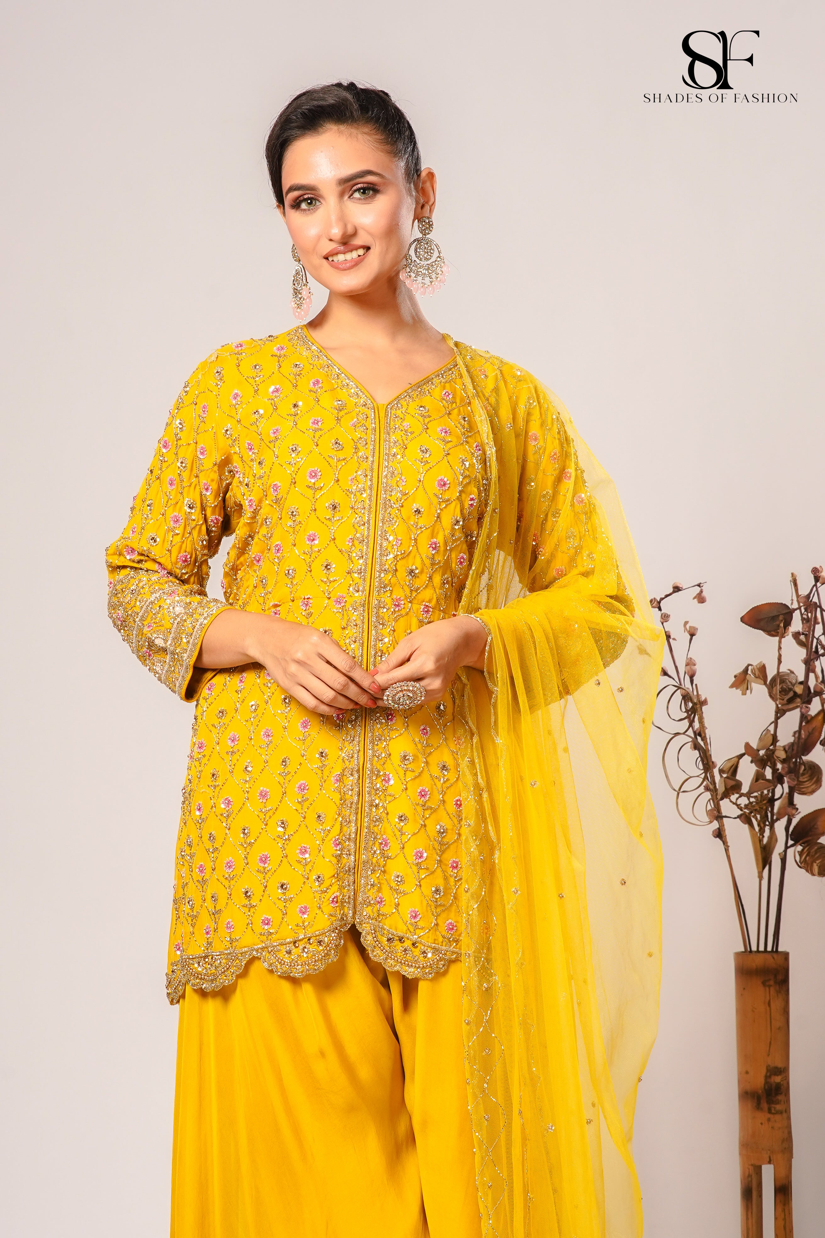 Yellow Viscose Organza Sharara Set - Full Hand Embroidery