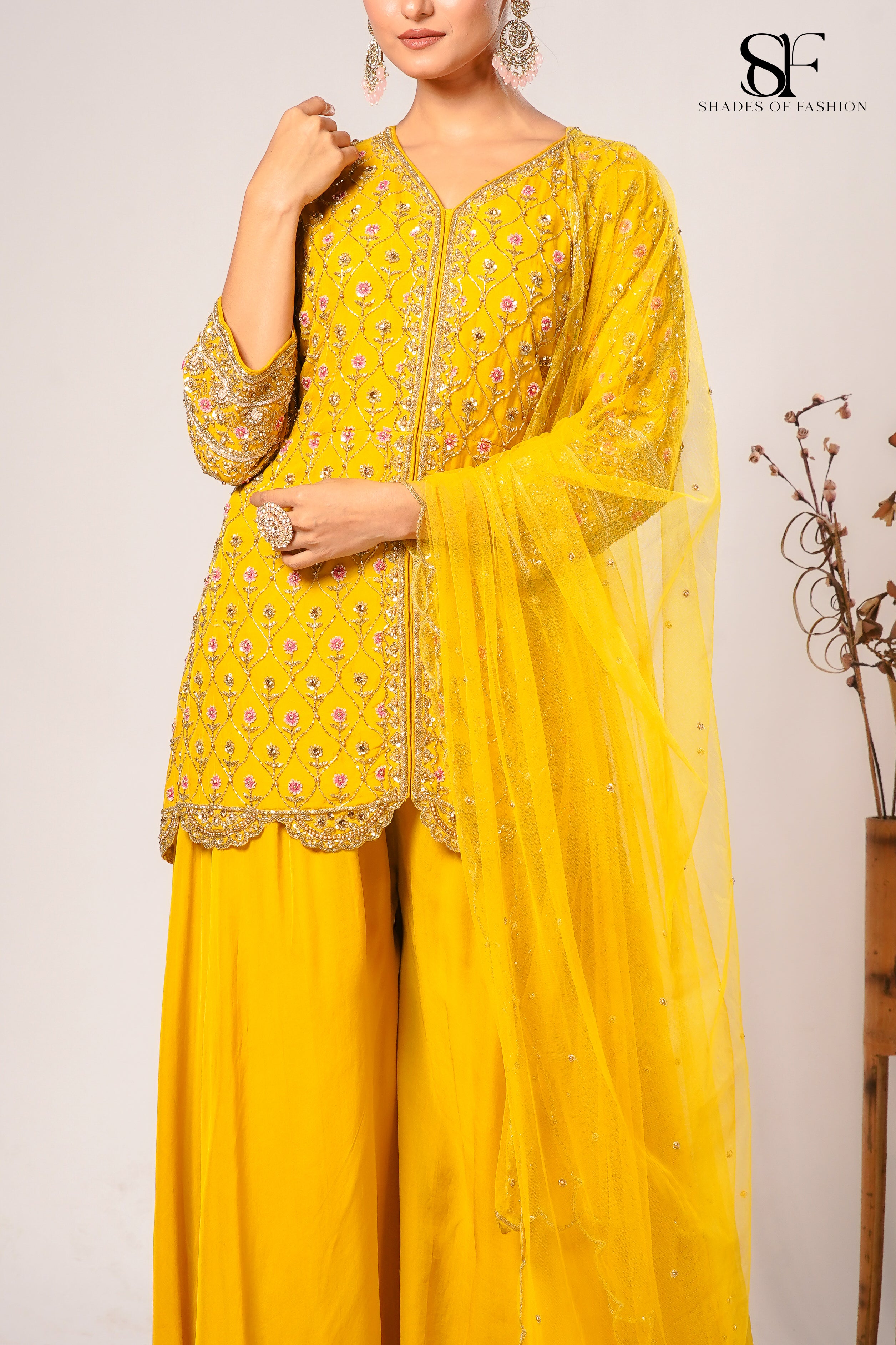 Yellow Viscose Organza Sharara Set - Full Hand Embroidery