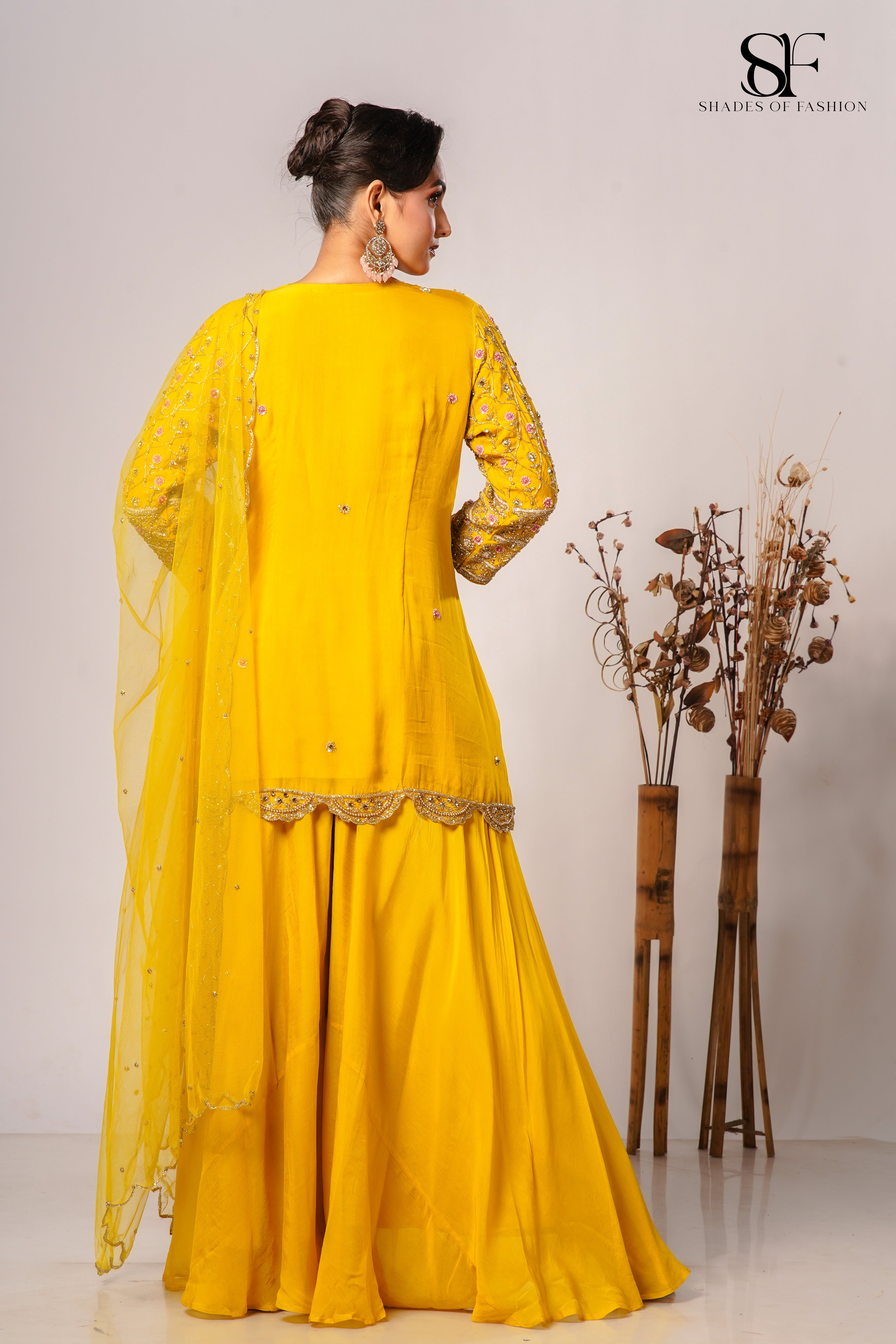 Yellow Viscose Organza Sharara Set - Full Hand Embroidery