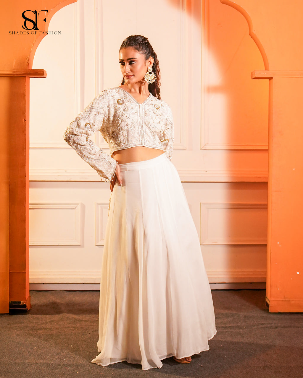 Ivory Embroidered Crop Top & Palazzo Set