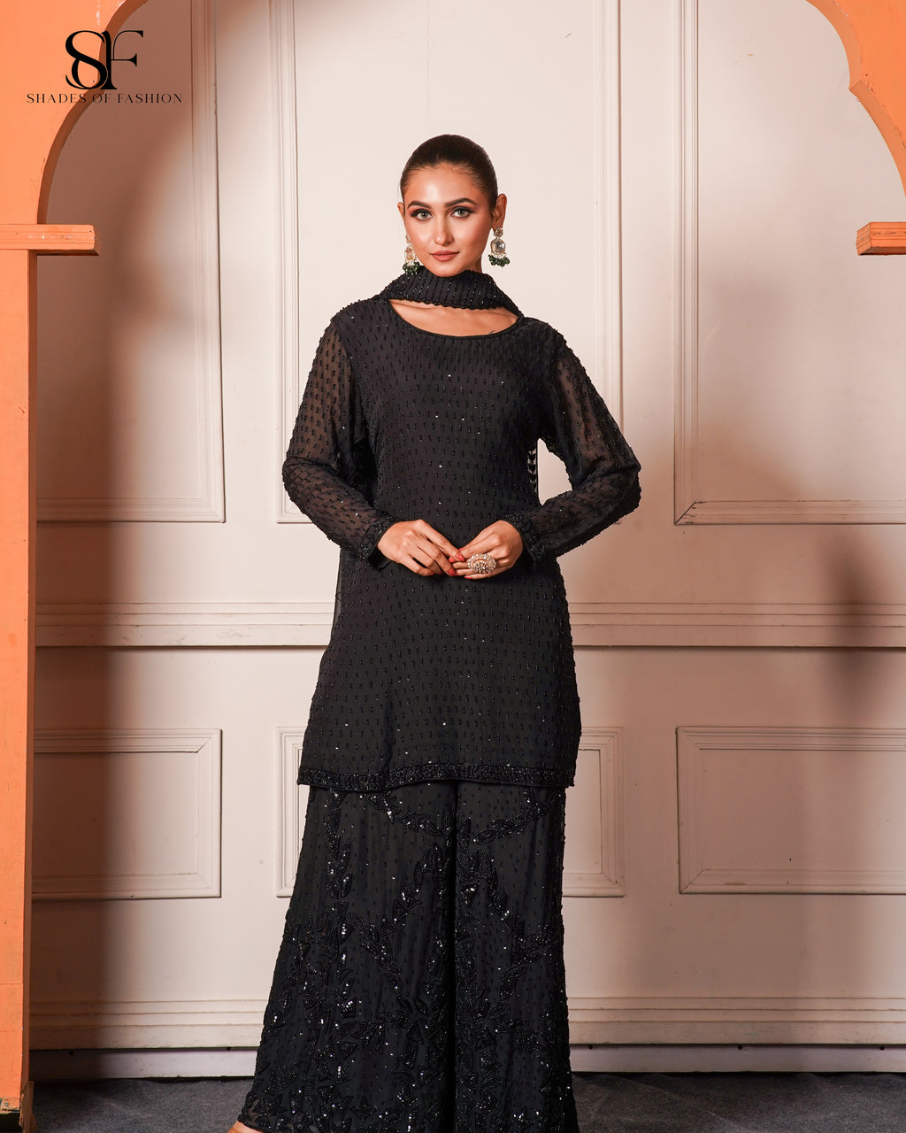 Black Embellished Gharara Set - Elegant Sequin Work Party Wear