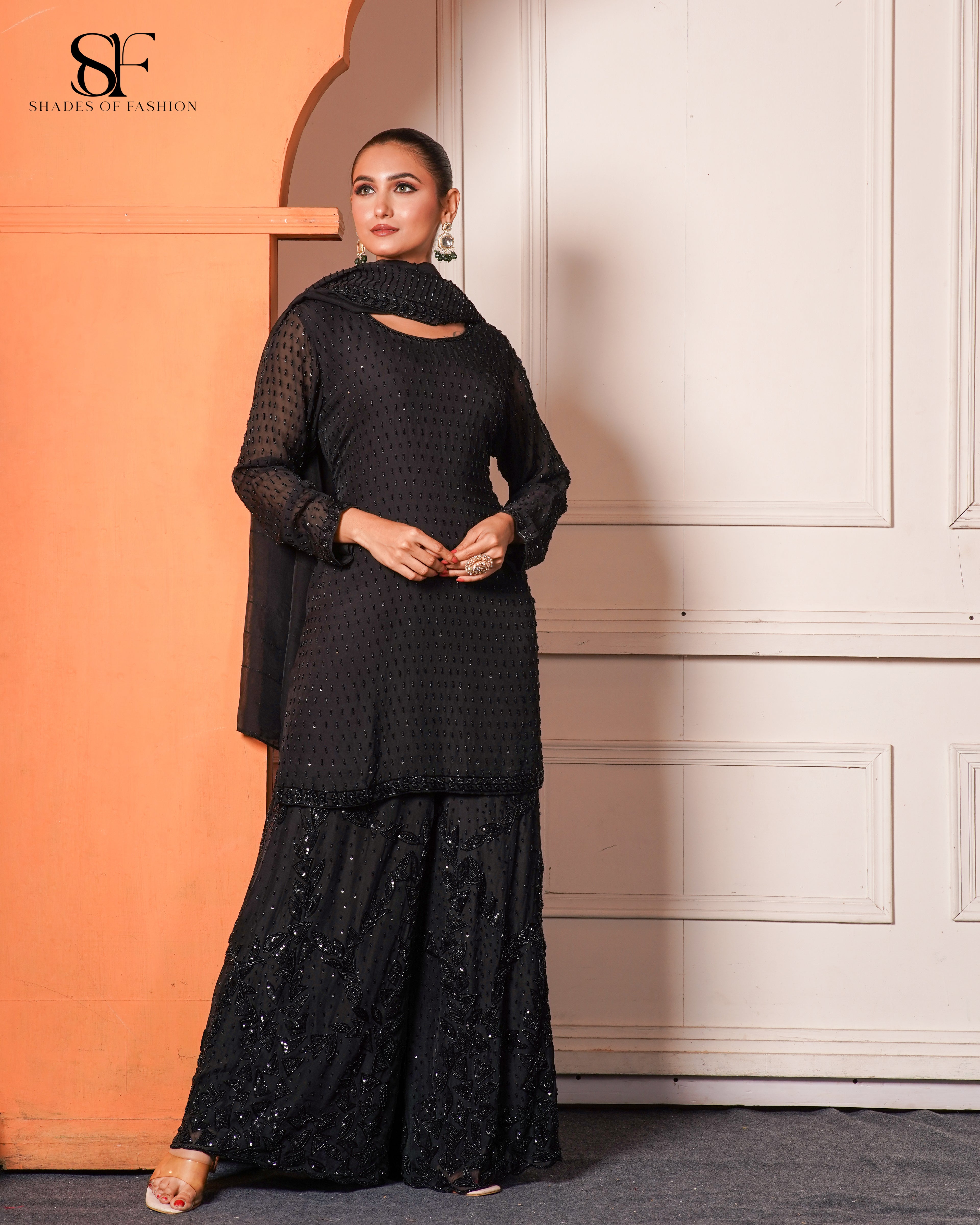 Black Embellished Gharara Set - Elegant Sequin Work Party Wear