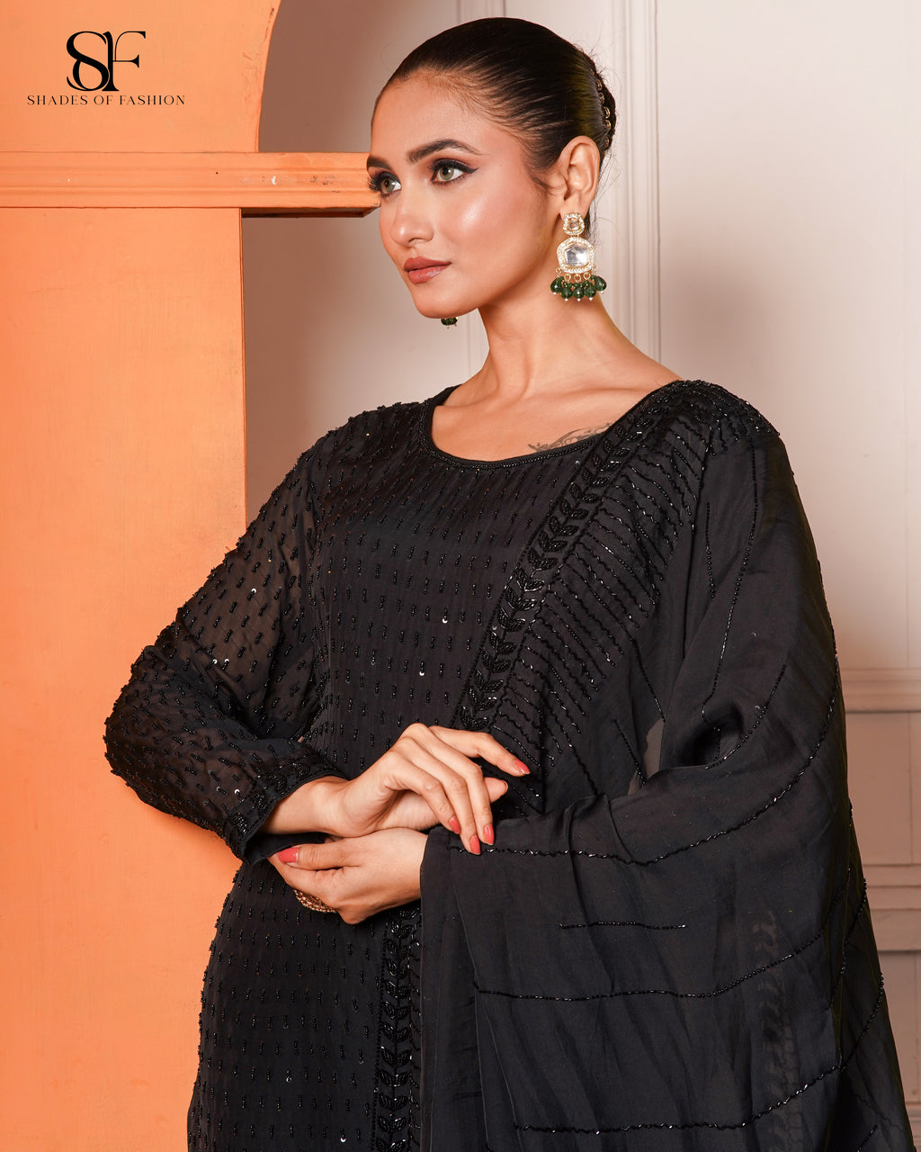 Black Embellished Gharara Set - Elegant Sequin Work Party Wear