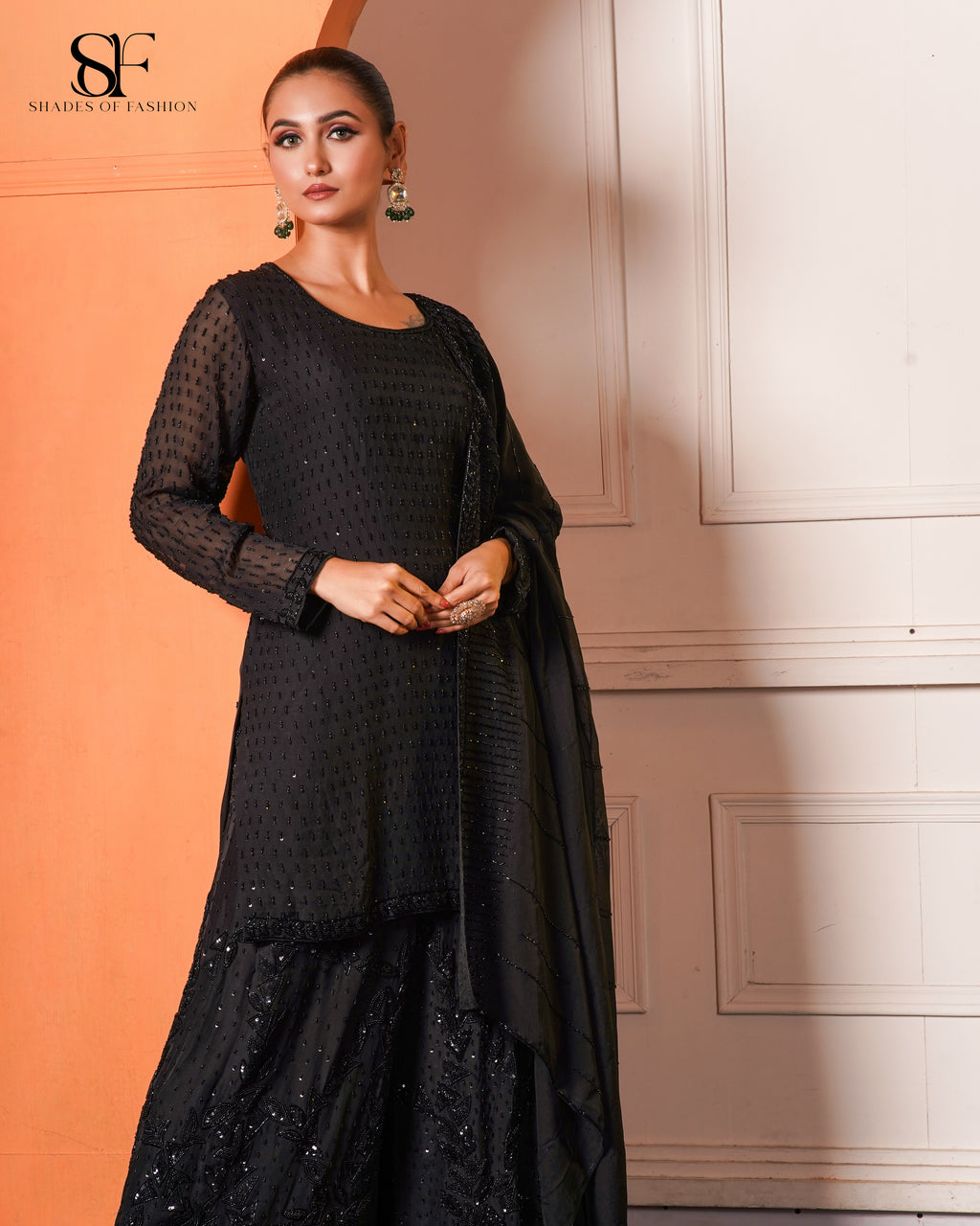 Black Embellished Gharara Set - Elegant Sequin Work Party Wear