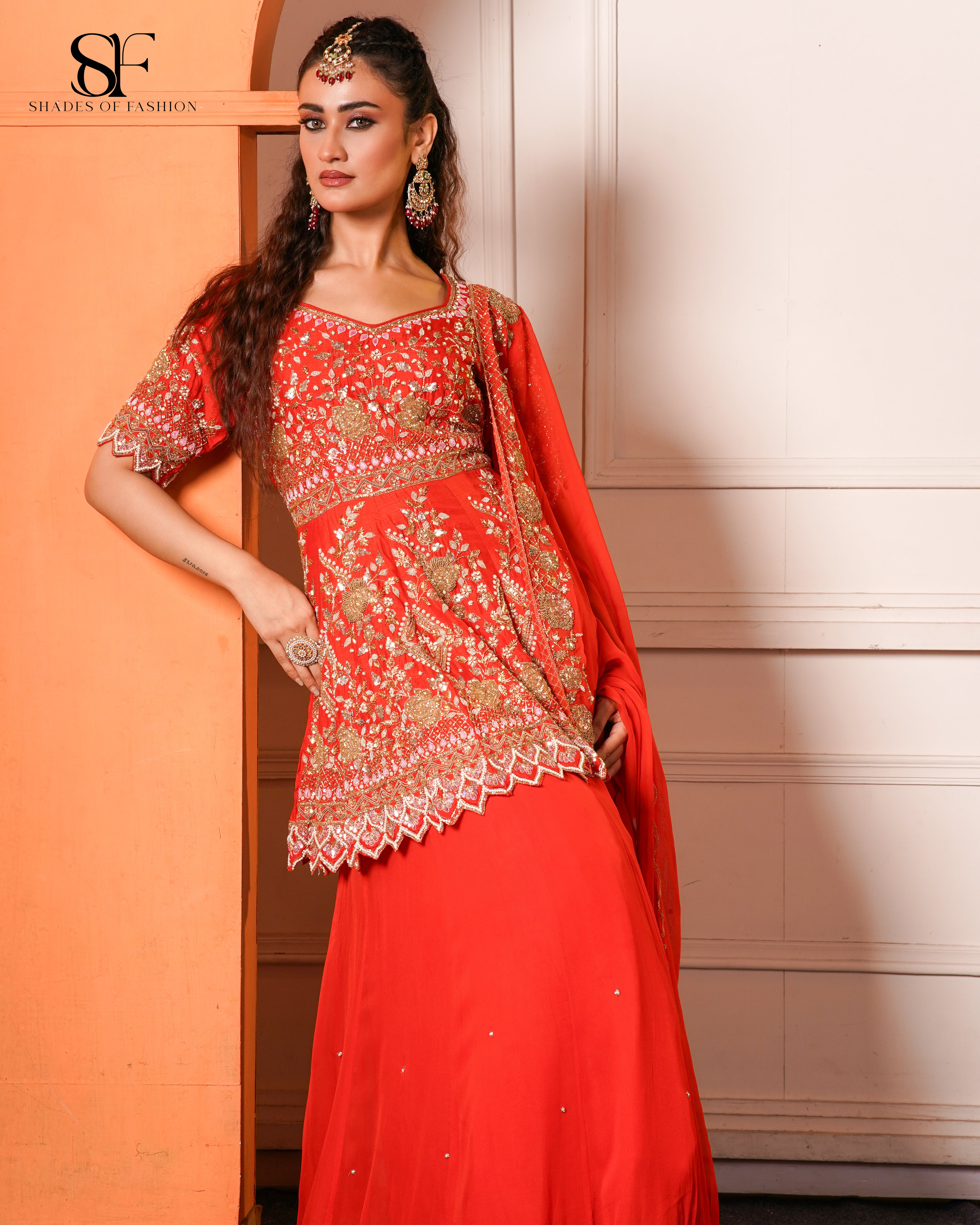 Red & Gold Embroidered Gharara Set - Festive Wedding Ensemble