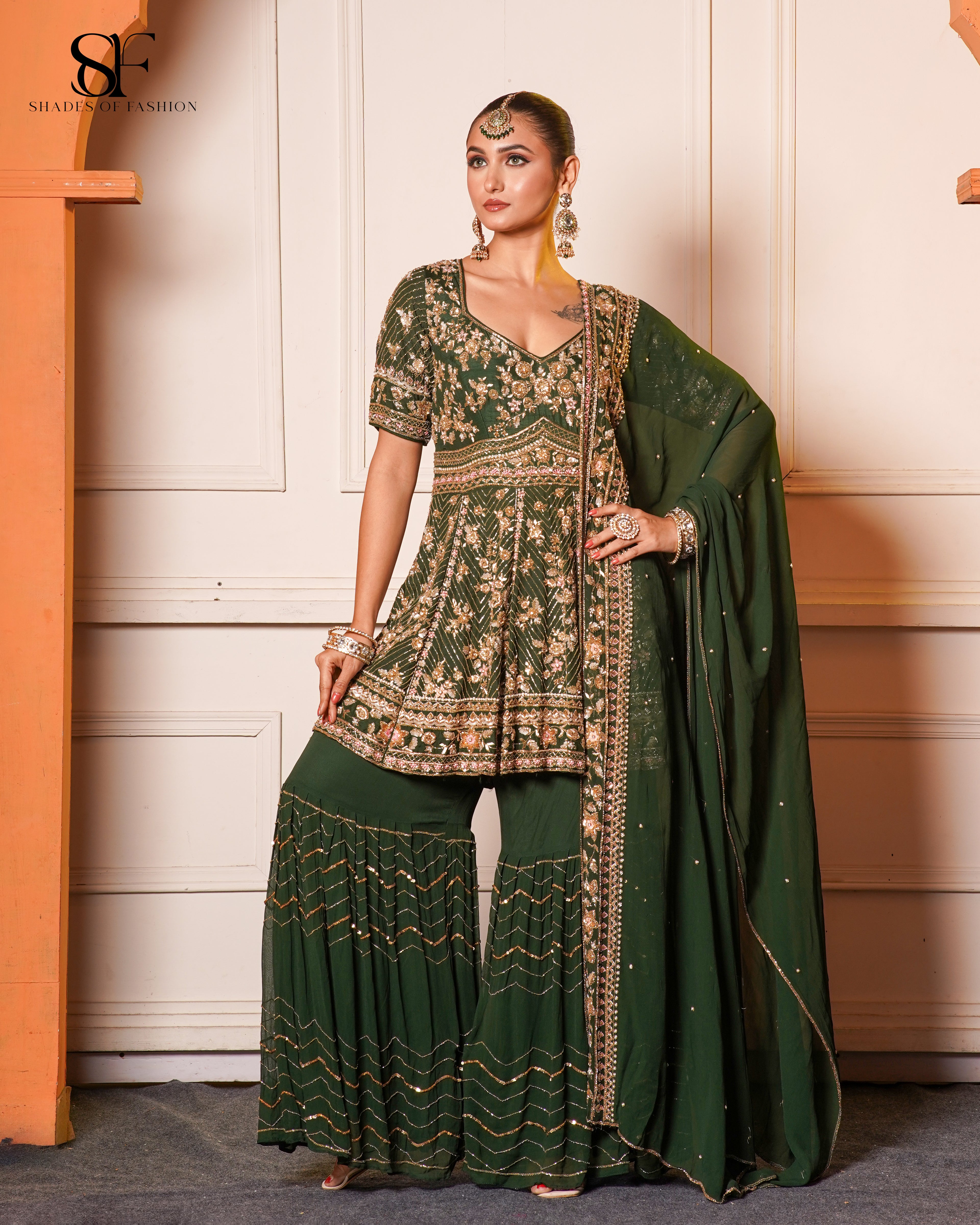 Emerald Green Embroidered Gharara Set - Luxury Bridal Collection