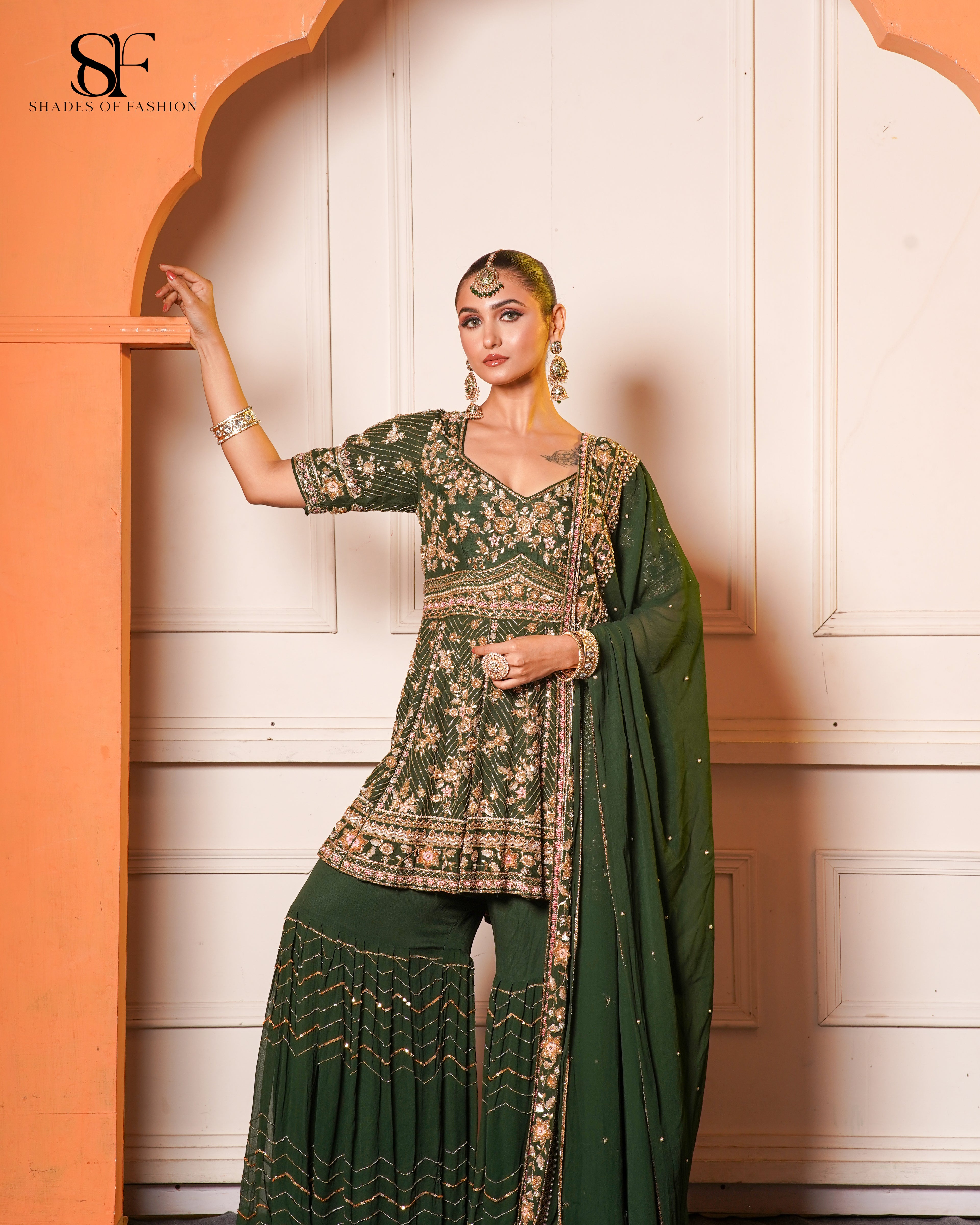Emerald Green Embroidered Gharara Set - Luxury Bridal Collection