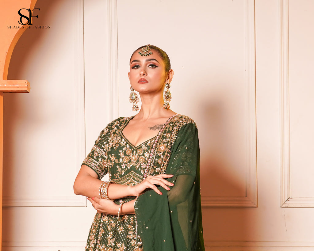 Emerald Green Embroidered Gharara Set - Luxury Bridal Collection
