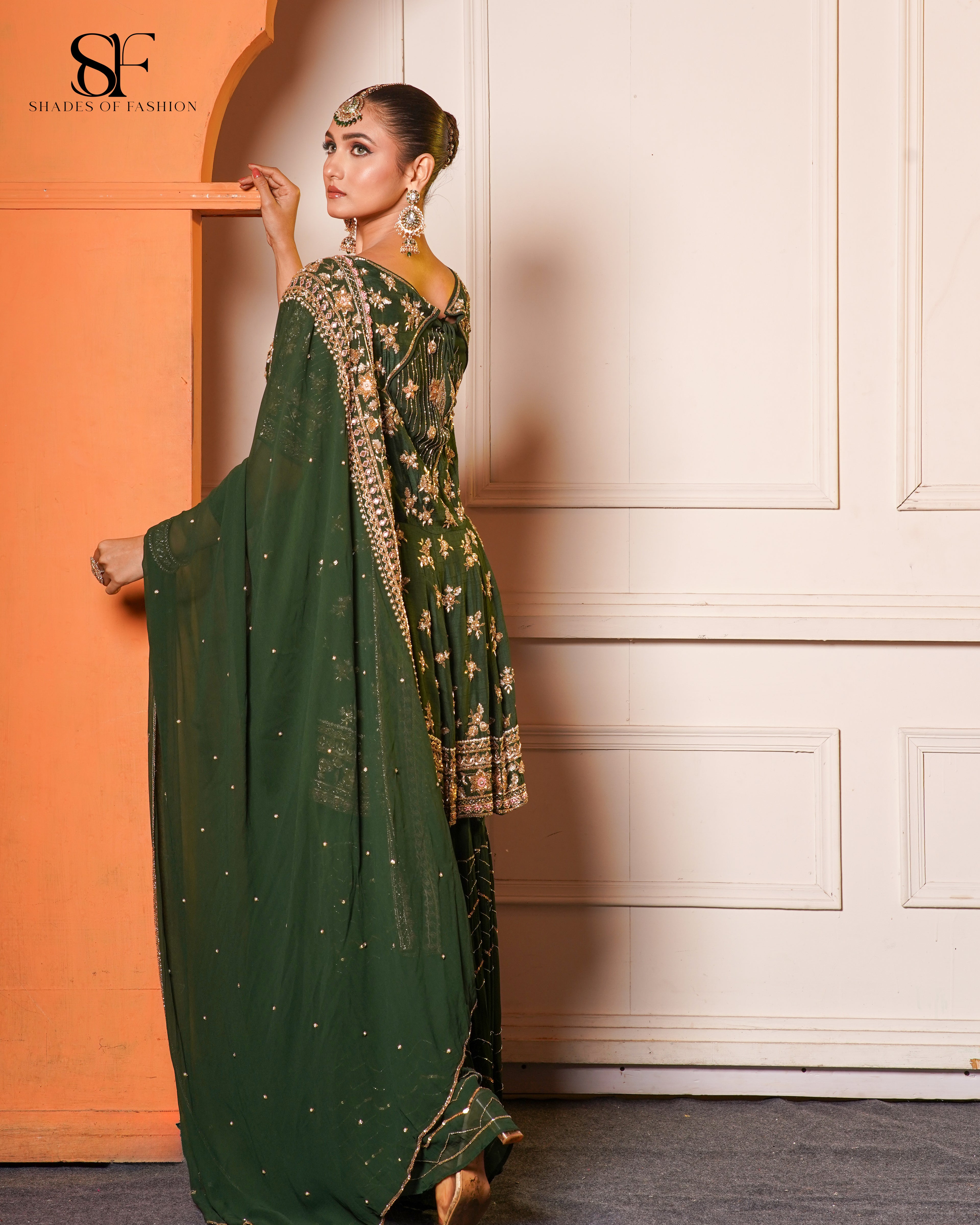 Emerald Green Embroidered Gharara Set - Luxury Bridal Collection