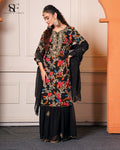Midnight Garden Embroidered Gharara Set - Luxury Black Floral Ensemble