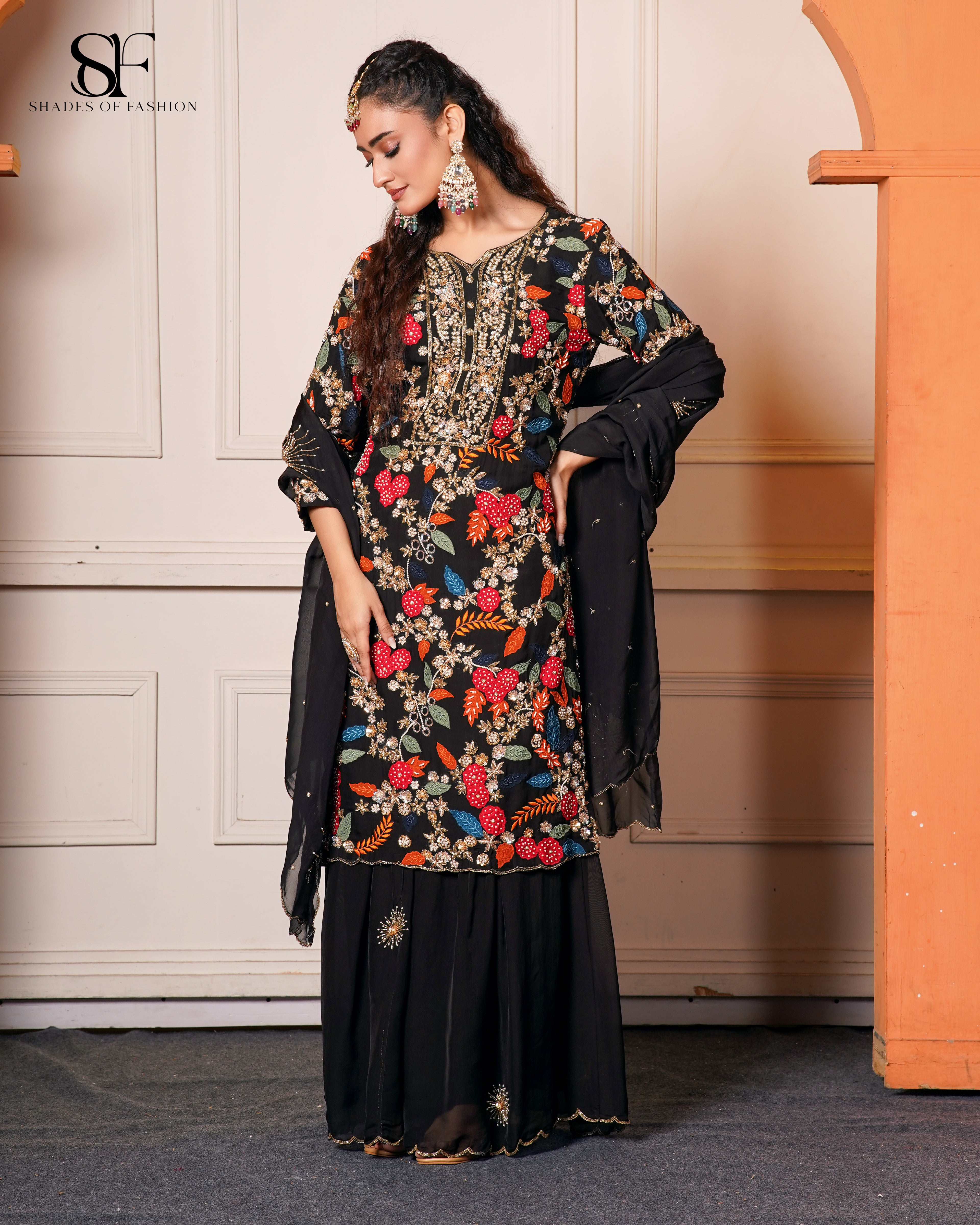 Midnight Blossom Embroidered Sharara Set - Luxury Black Floral Ensemble