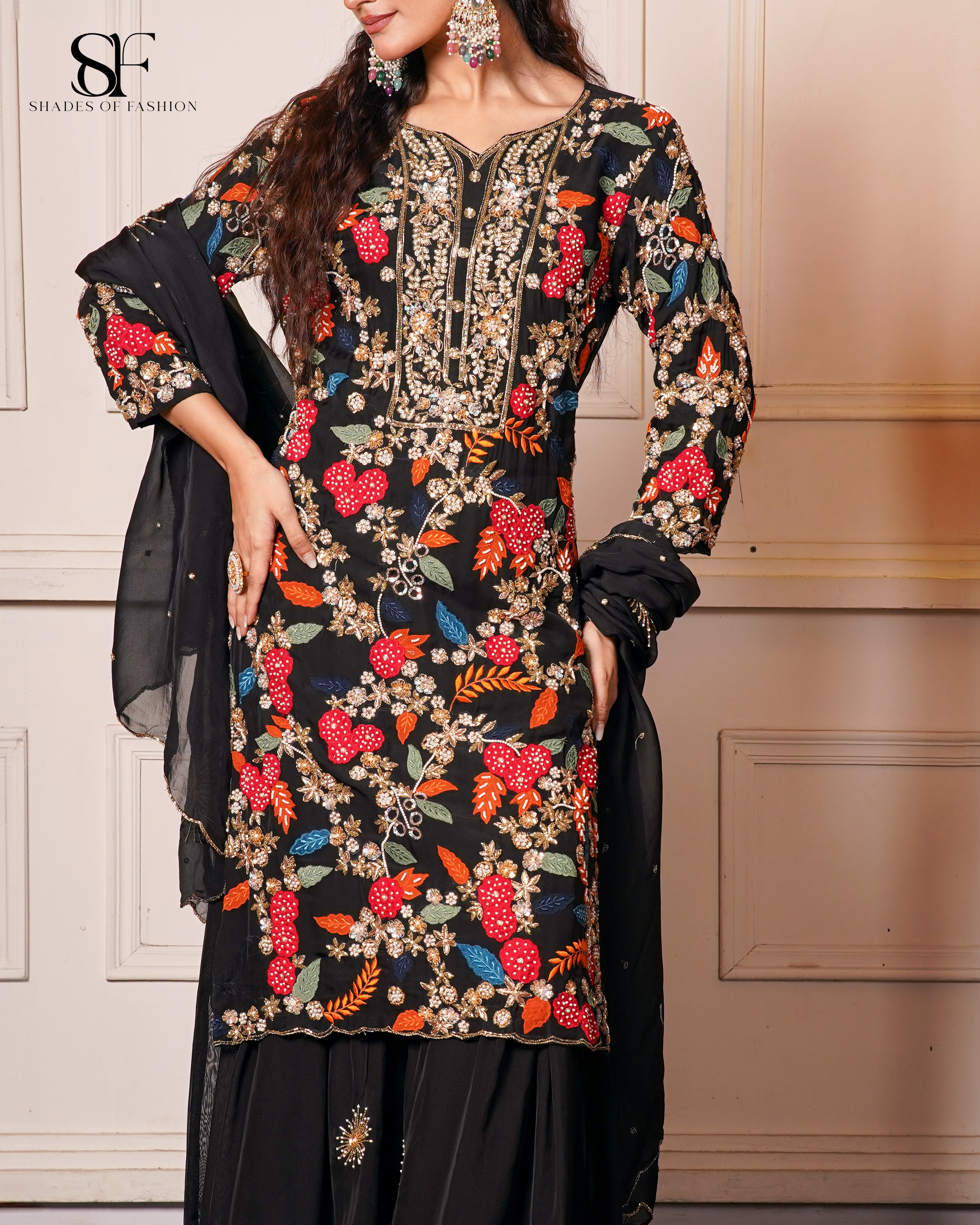 Midnight Blossom Embroidered Sharara Set - Luxury Black Floral Ensemble