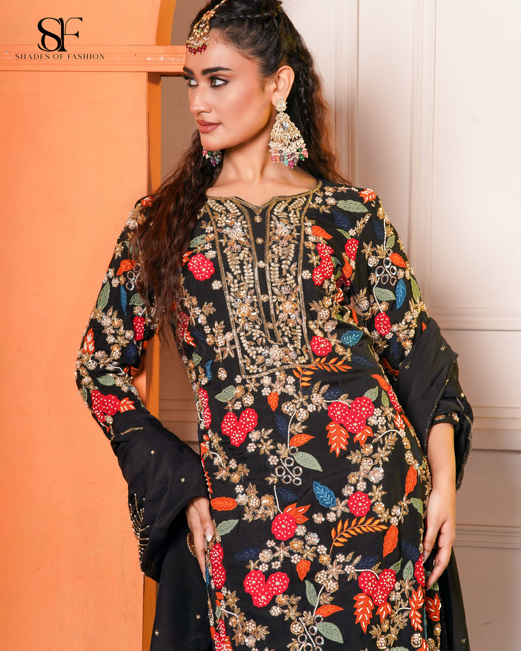 Midnight Garden Embroidered Gharara Set - Luxury Black Floral Ensemble