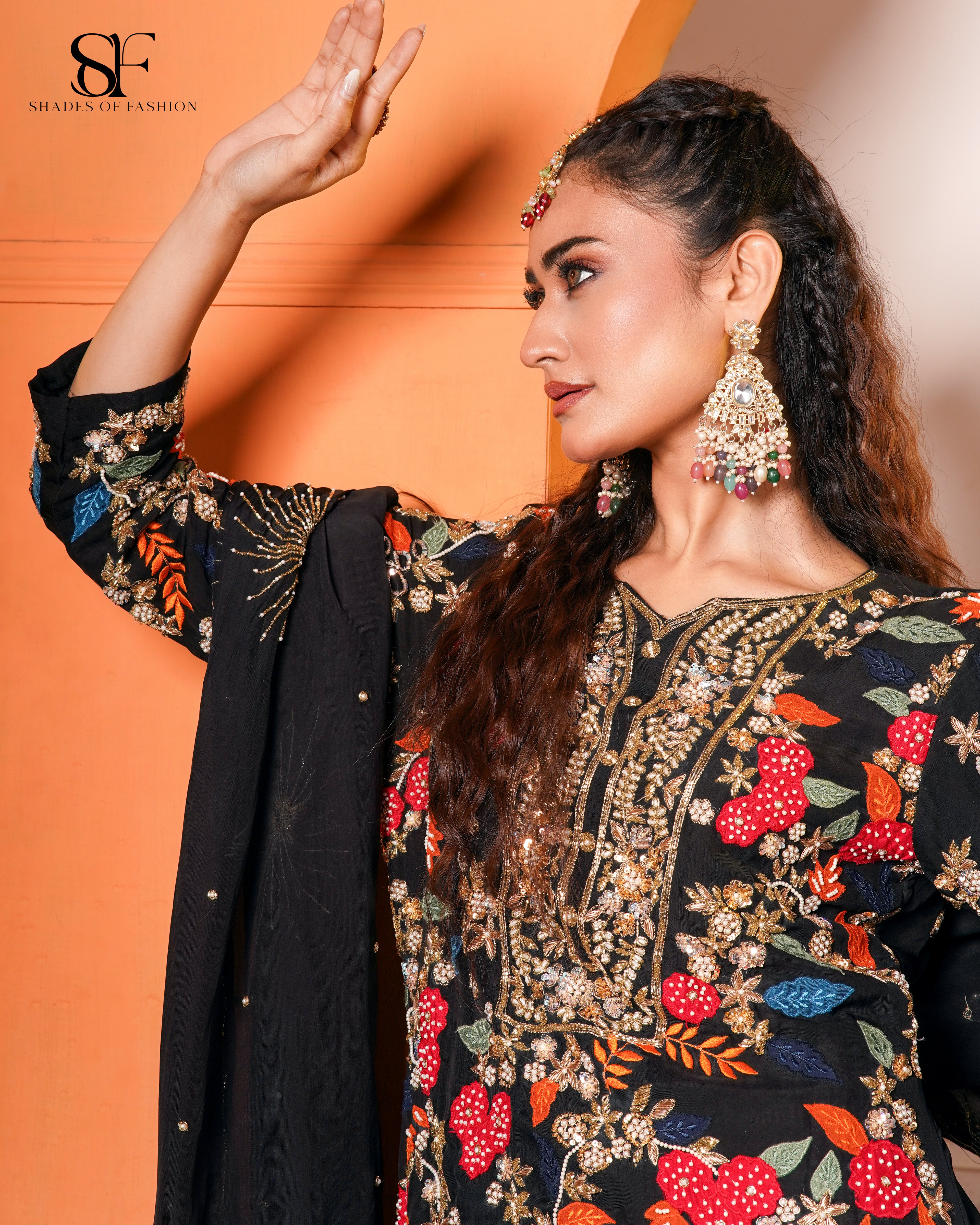 Midnight Blossom Embroidered Sharara Set - Luxury Black Floral Ensemble