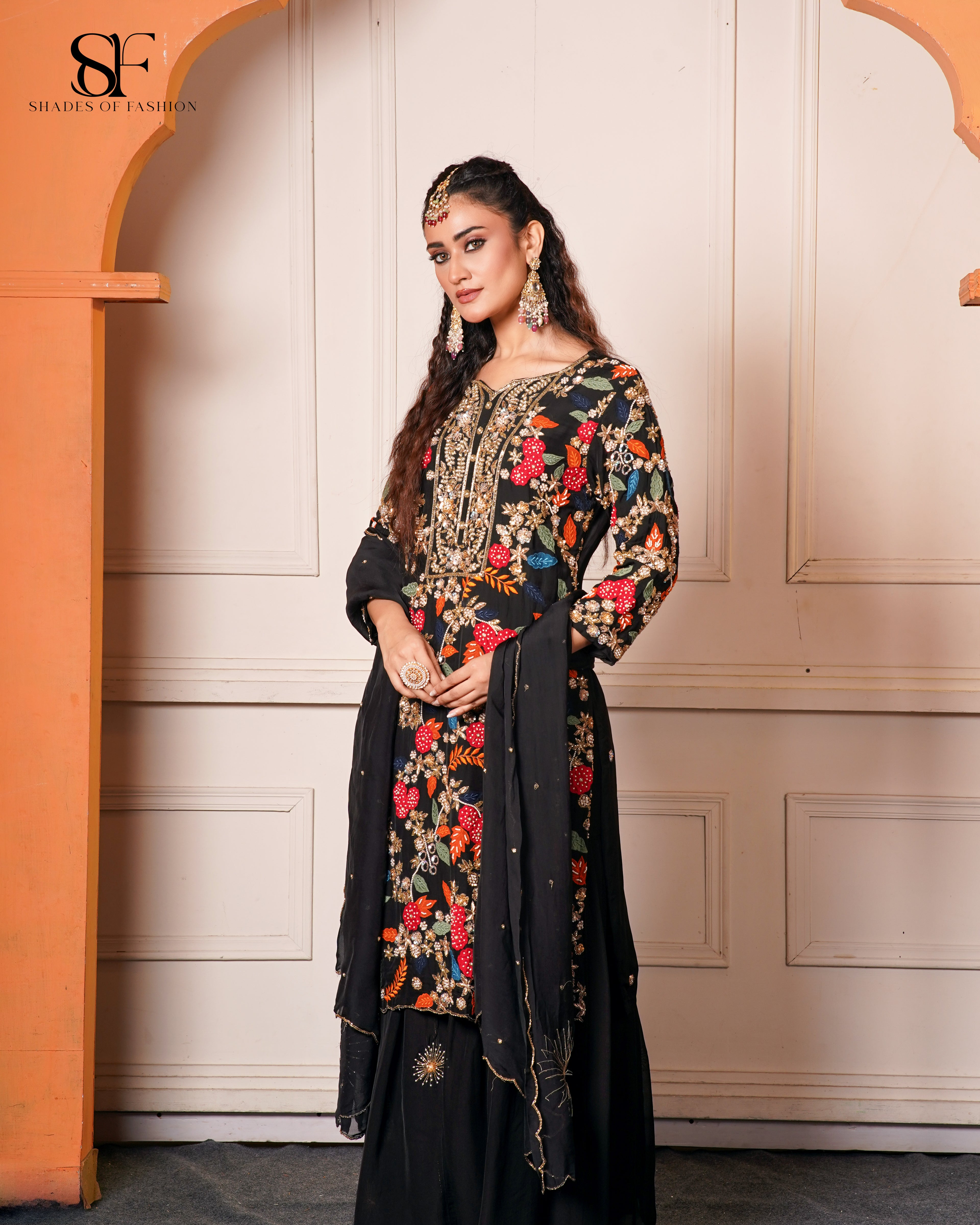 Midnight Blossom Embroidered Sharara Set - Luxury Black Floral Ensemble