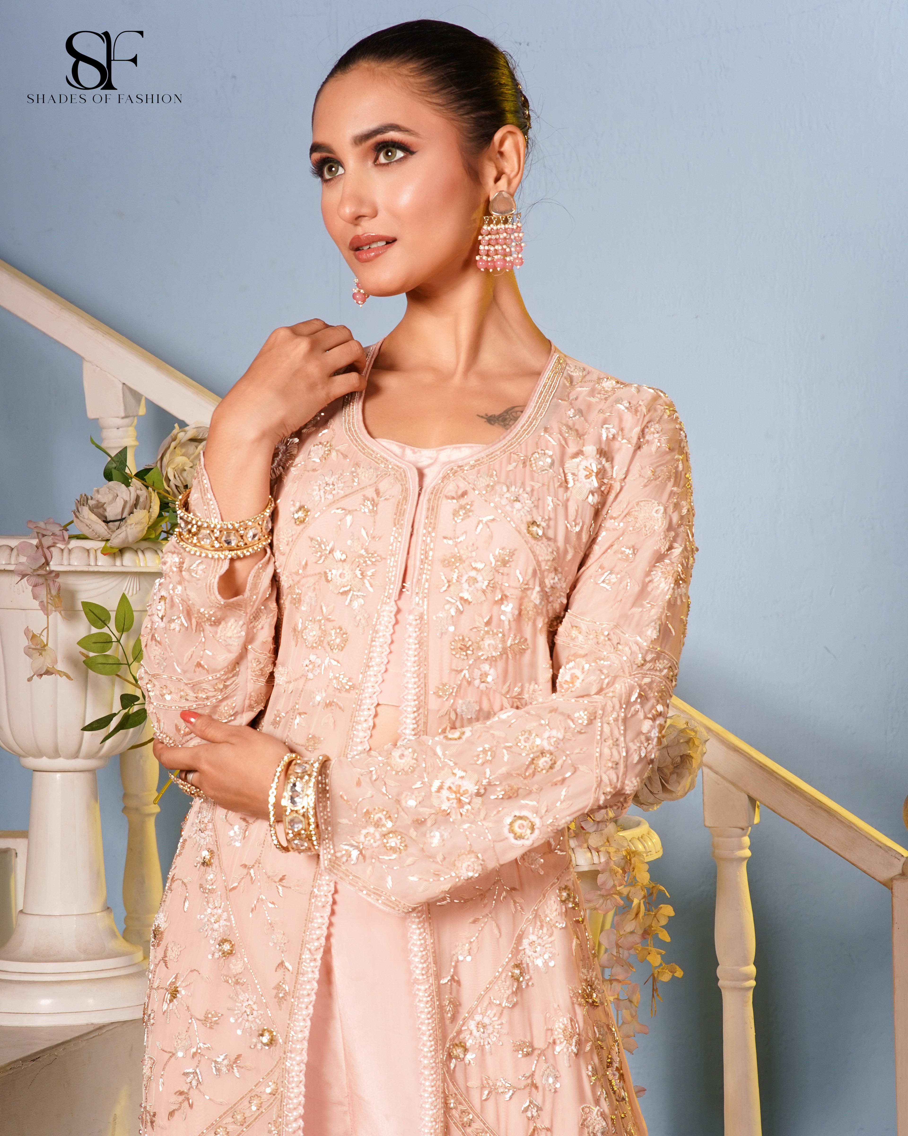 Rose Blush Embroidered Palazzo Set - Luxury Pink Formal Ensemble