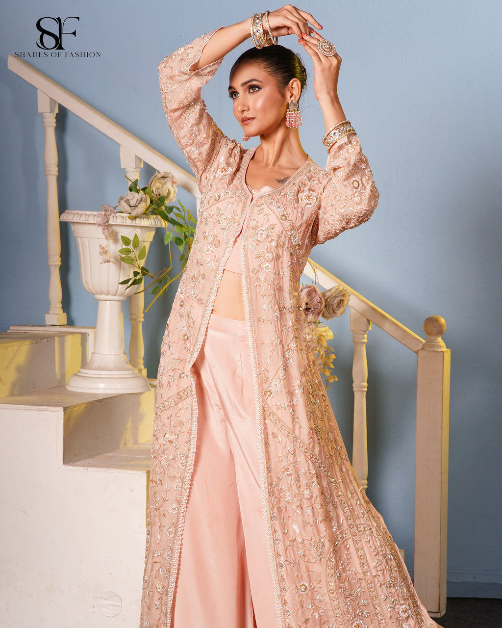 Blush Pink Embroidered Palazzo Set - Luxury Dabka & Zardozi Bridal Ensemble