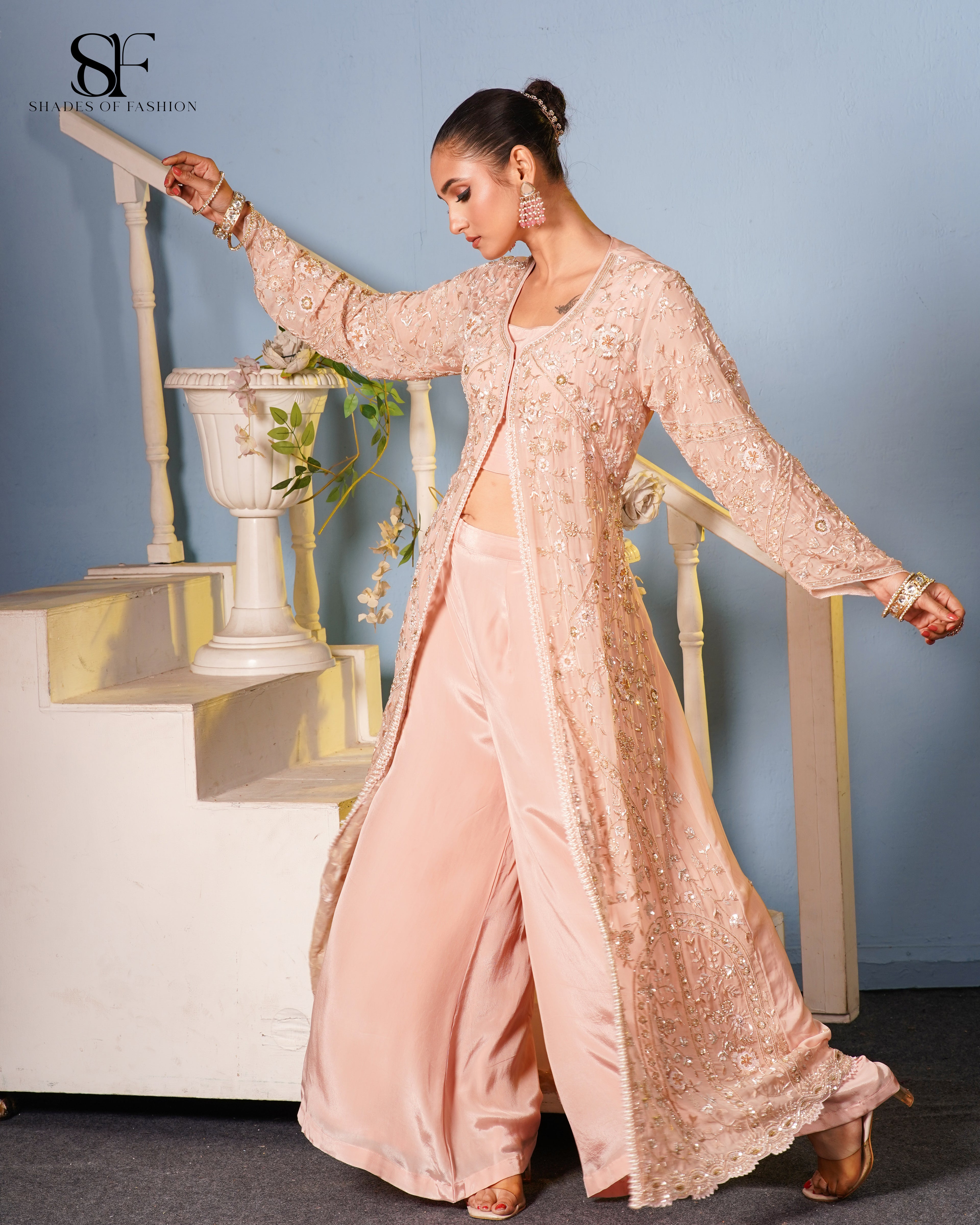 Rose Blush Embroidered Palazzo Set - Luxury Pink Formal Ensemble