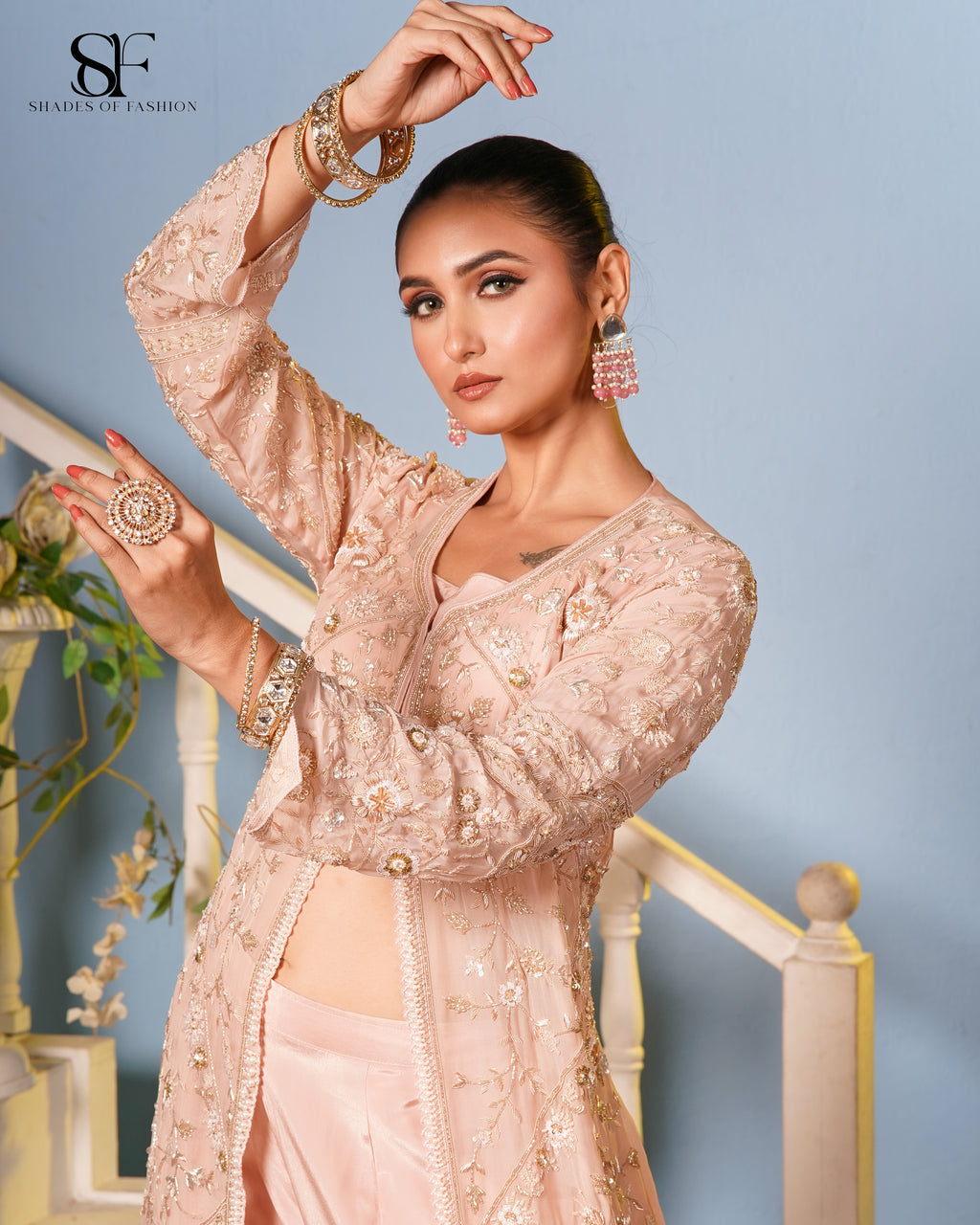 Blush Pink Embroidered Palazzo Set - Luxury Dabka & Zardozi Bridal Ensemble