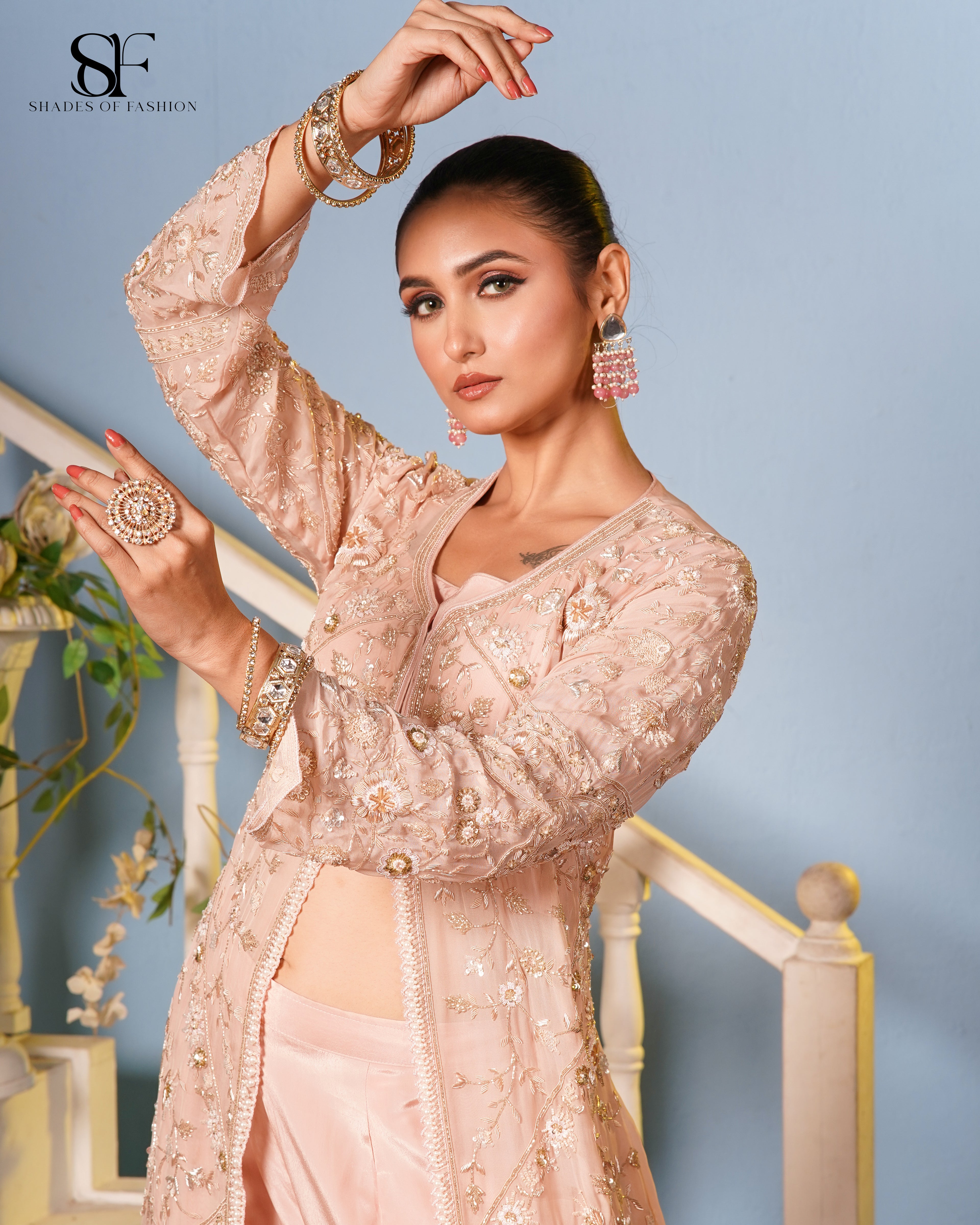 Rose Blush Embroidered Palazzo Set - Luxury Pink Formal Ensemble