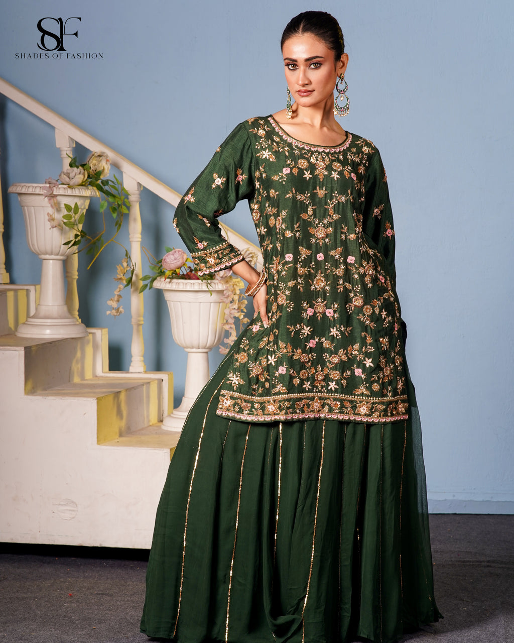 Emerald Garden Embroidered Gharara Set - Luxury Green Floral Ensemble