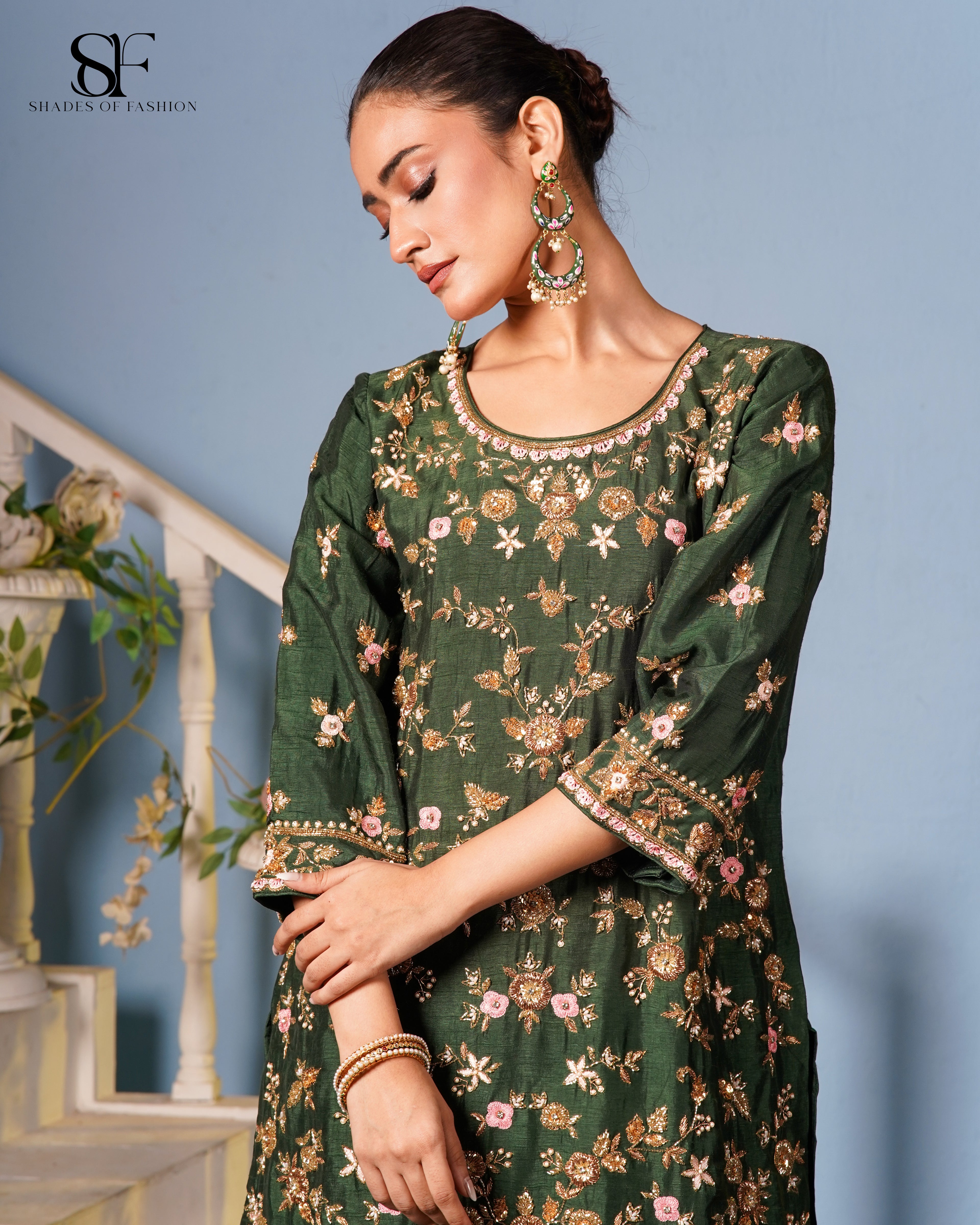 Emerald Garden Embroidered Gharara Set - Luxury Green Floral Ensemble