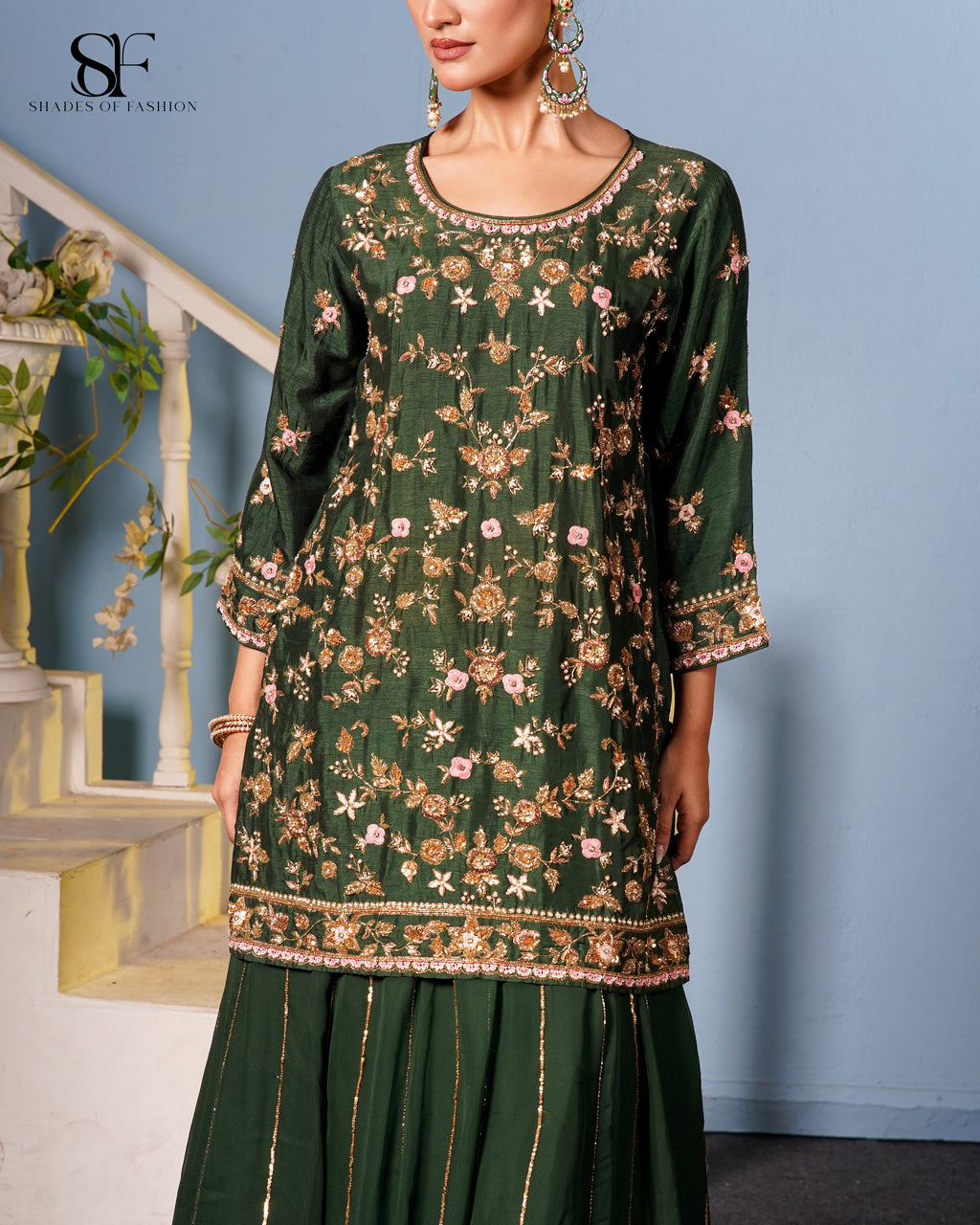 Emerald Garden Embroidered Gharara Set - Luxury Green Floral Ensemble