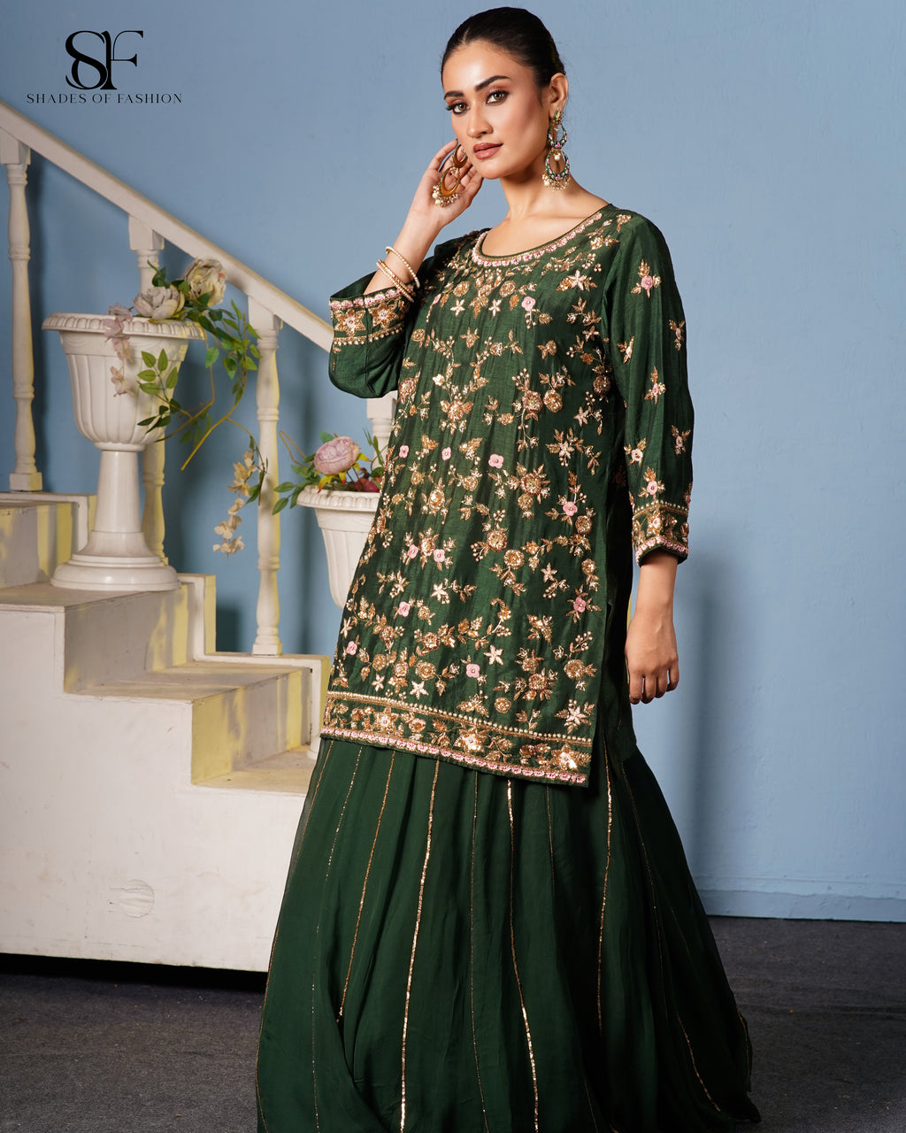 Emerald Garden Embroidered Gharara Set - Luxury Green Floral Ensemble