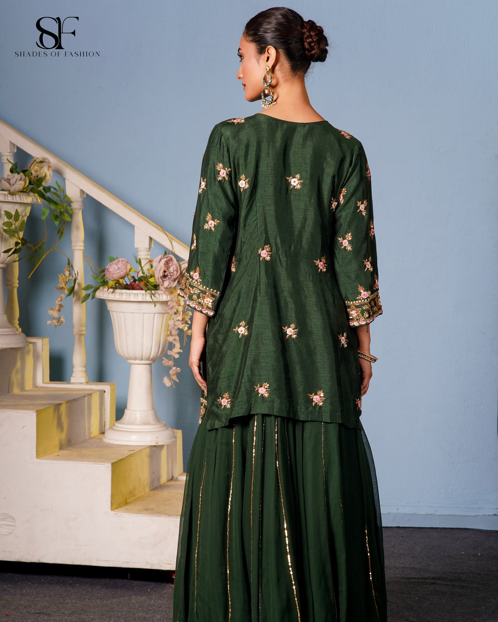 Emerald Garden Embroidered Gharara Set - Luxury Green Floral Ensemble