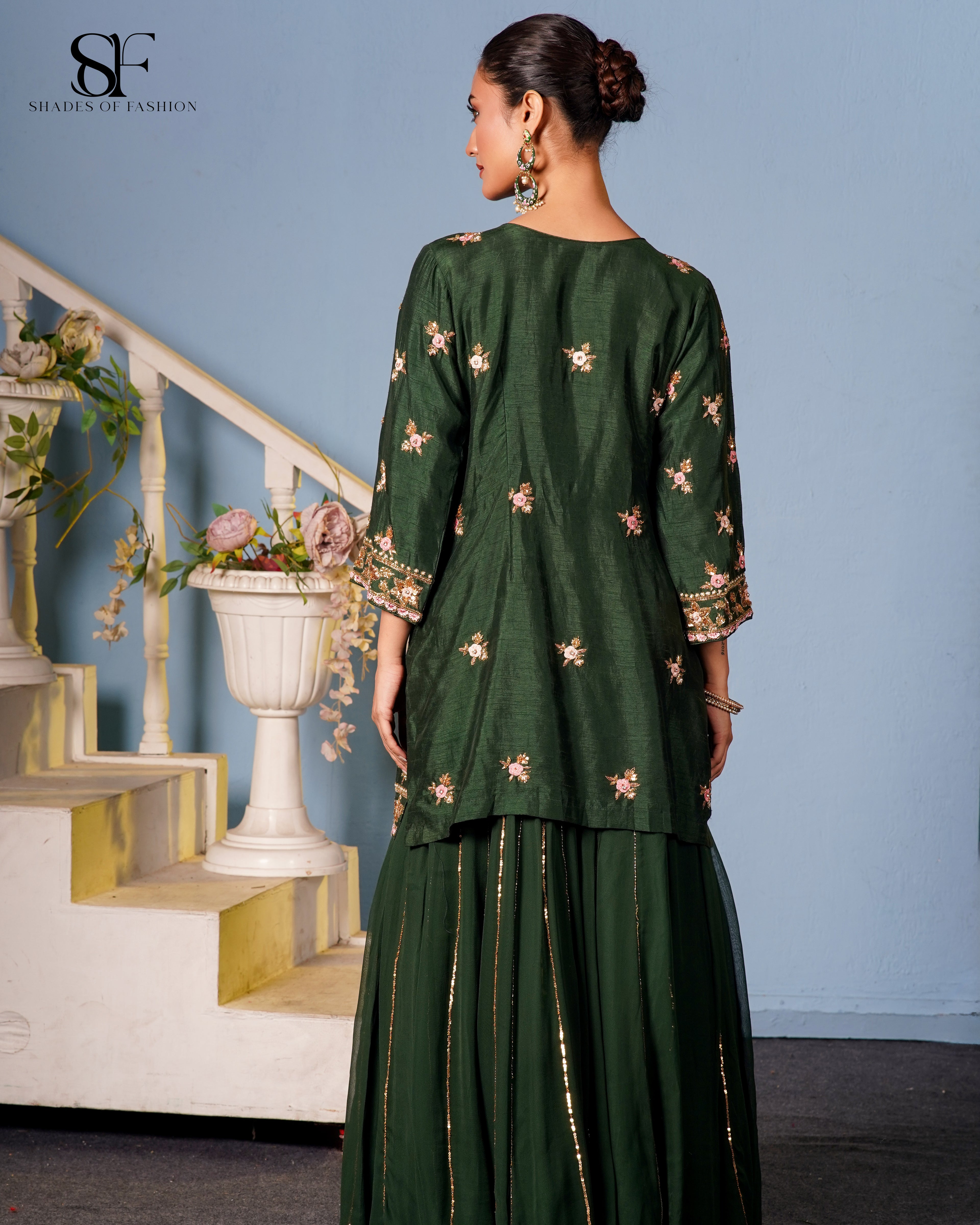 Emerald Garden Embroidered Gharara Set - Luxury Green Floral Ensemble