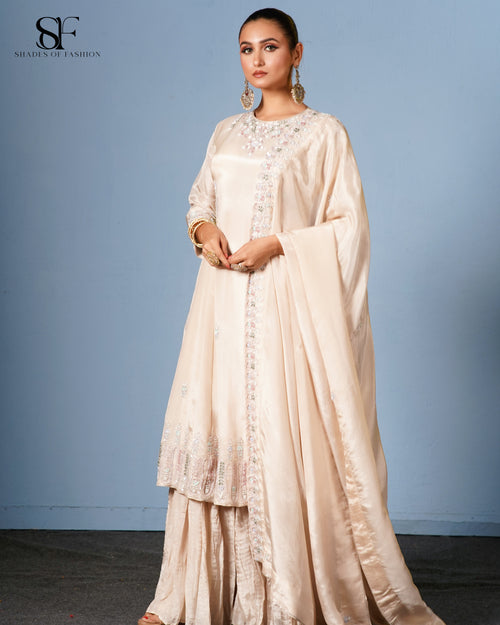 Champagne Dreams Embroidered Gharara Set - Luxury Beige Bridal Ensemble