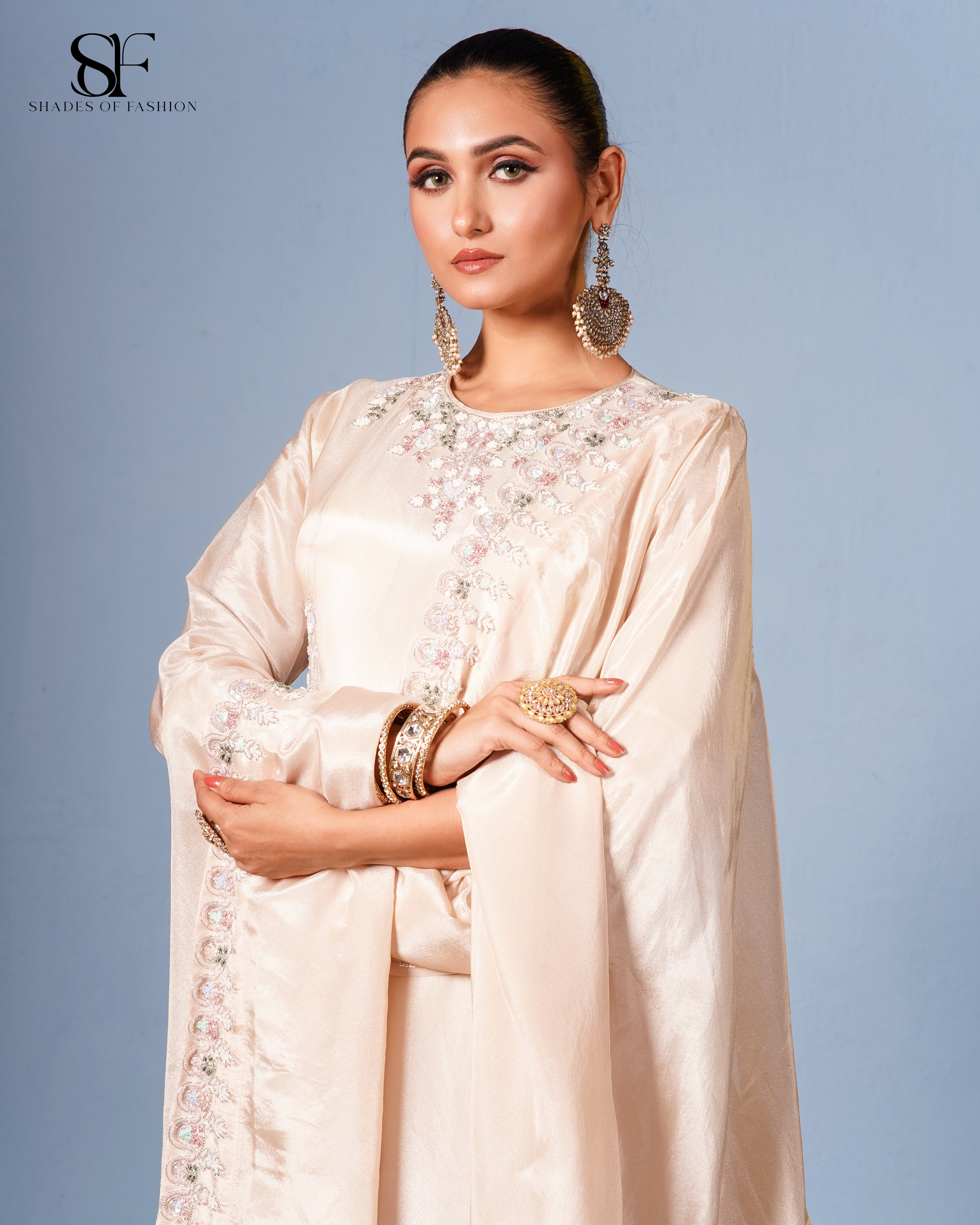 Champagne Dreams Embroidered Gharara Set - Luxury Beige Bridal Ensemble